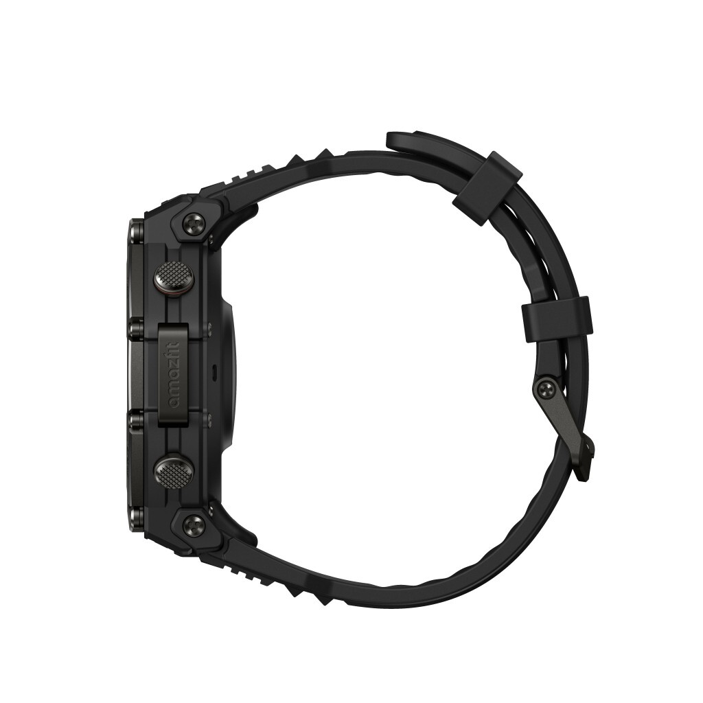 Un reloj inteligente negro con esfera redonda y correa negra. El reloj está sobre un fondo blanco. La marca Amazfit es visible.