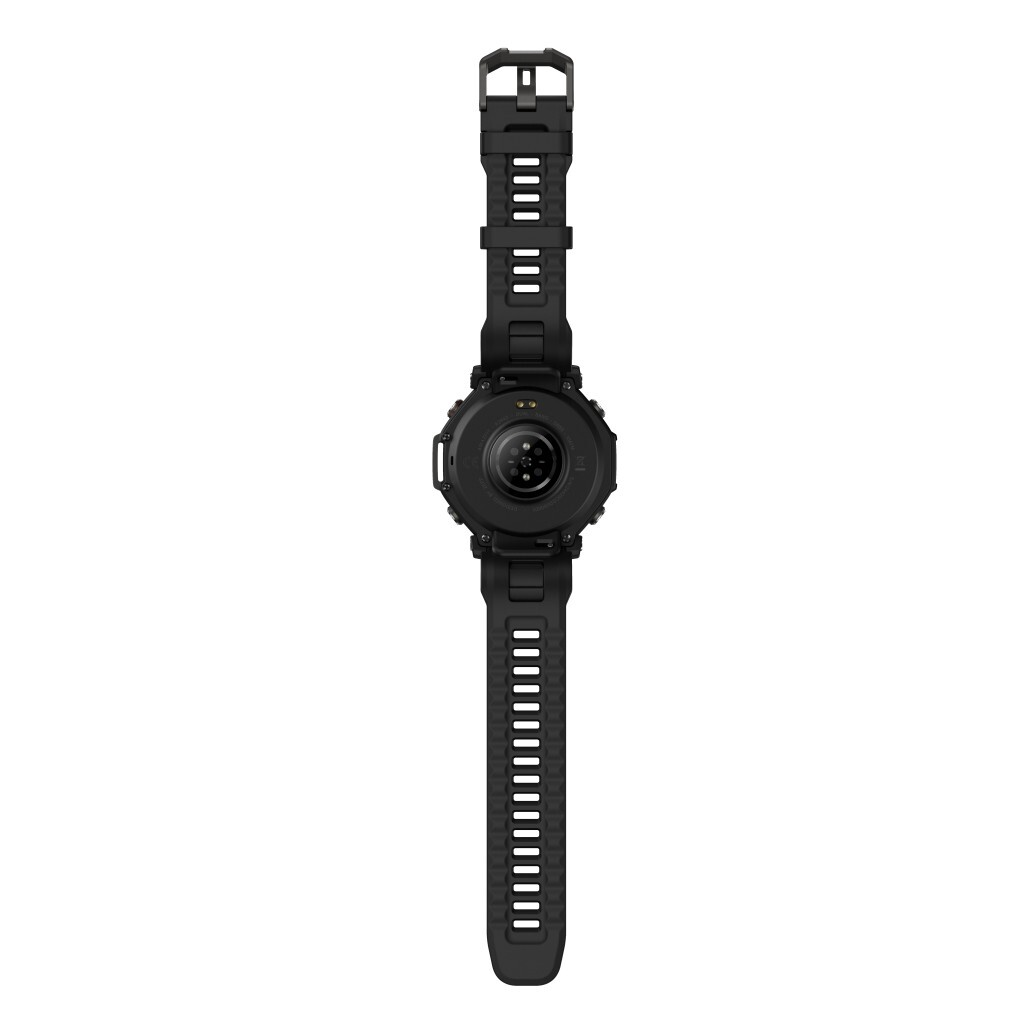 Un reloj inteligente negro con esfera redonda y correa negra. La correa tiene hebilla y agujeros para ajustar. El reloj está sobre fondo blanco.