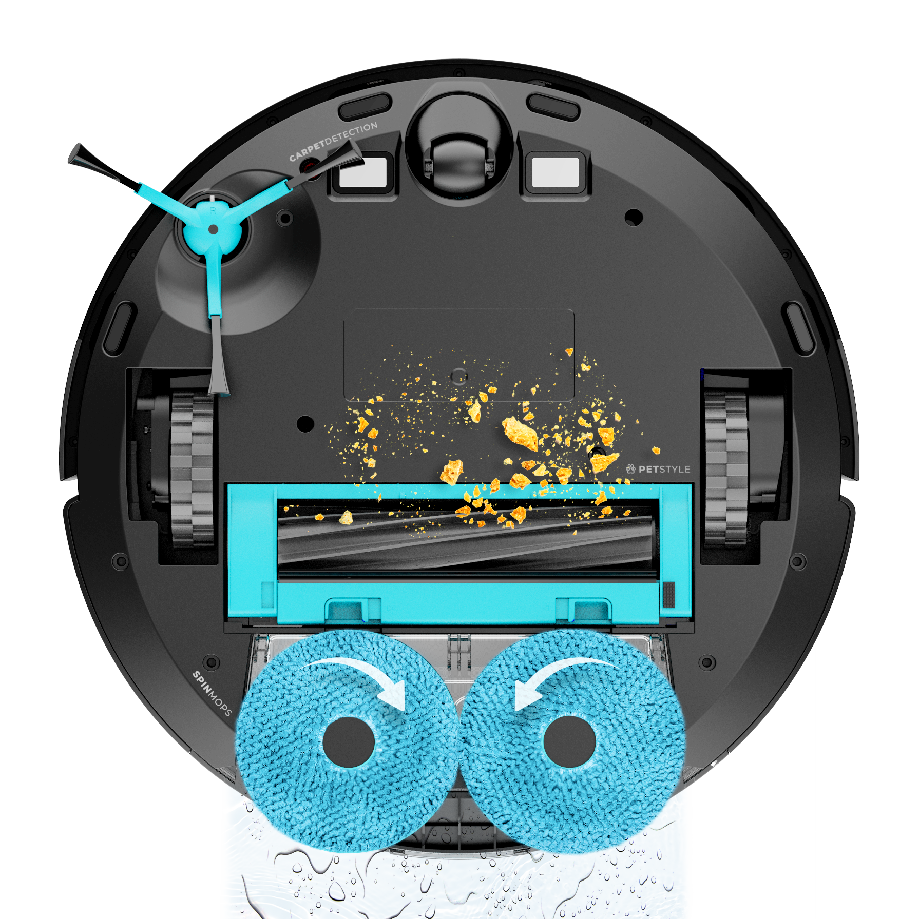 Aspiradora robot con piezas azules y almohadillas de limpieza. Muestra la parte inferior, con almohadillas giratorias, cepillo y área de recogida de polvo.