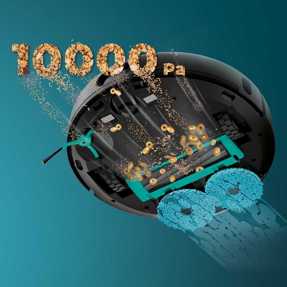 Una aspiradora robótica con el texto "10000 Pa", escombros y dos almohadillas de limpieza turquesas sobre fondo azul.