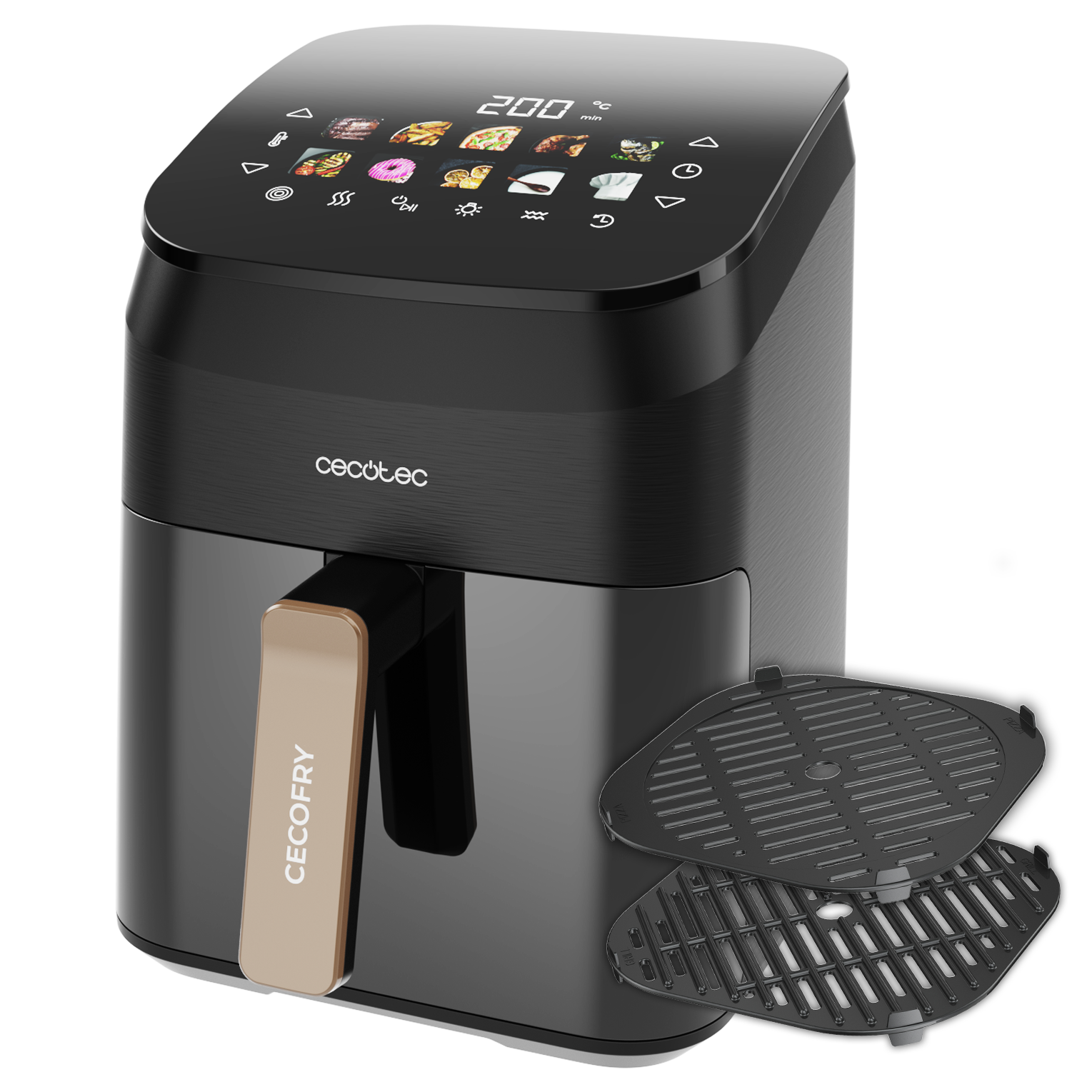 Freidora de aire Cecotec negra con mango dorado. Tiene pantalla digital y dos placas de parrilla.
