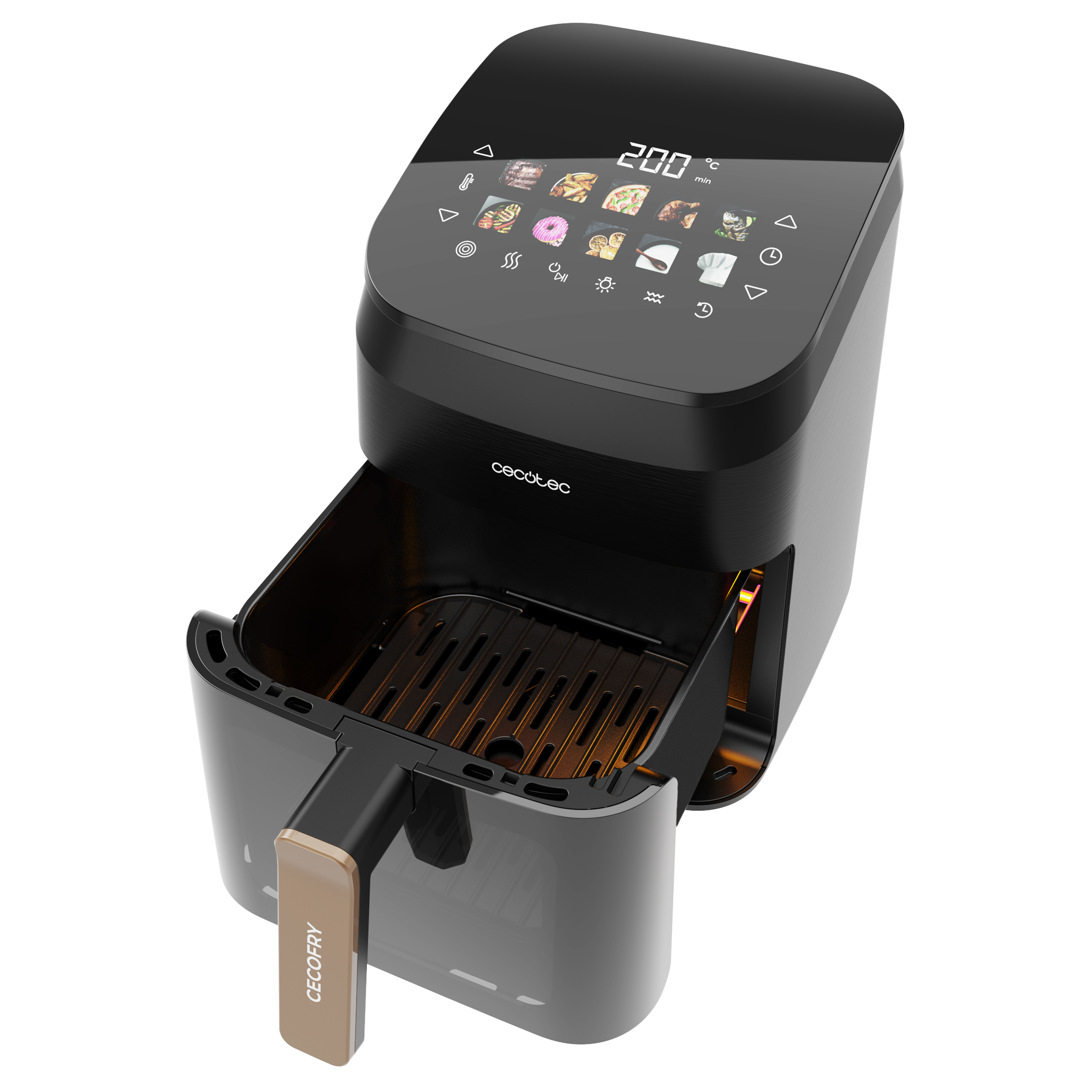 Freidora de aire negra con el cajón abierto. Pantalla digital muestra 200 grados. El mango tiene CECCOFRY.