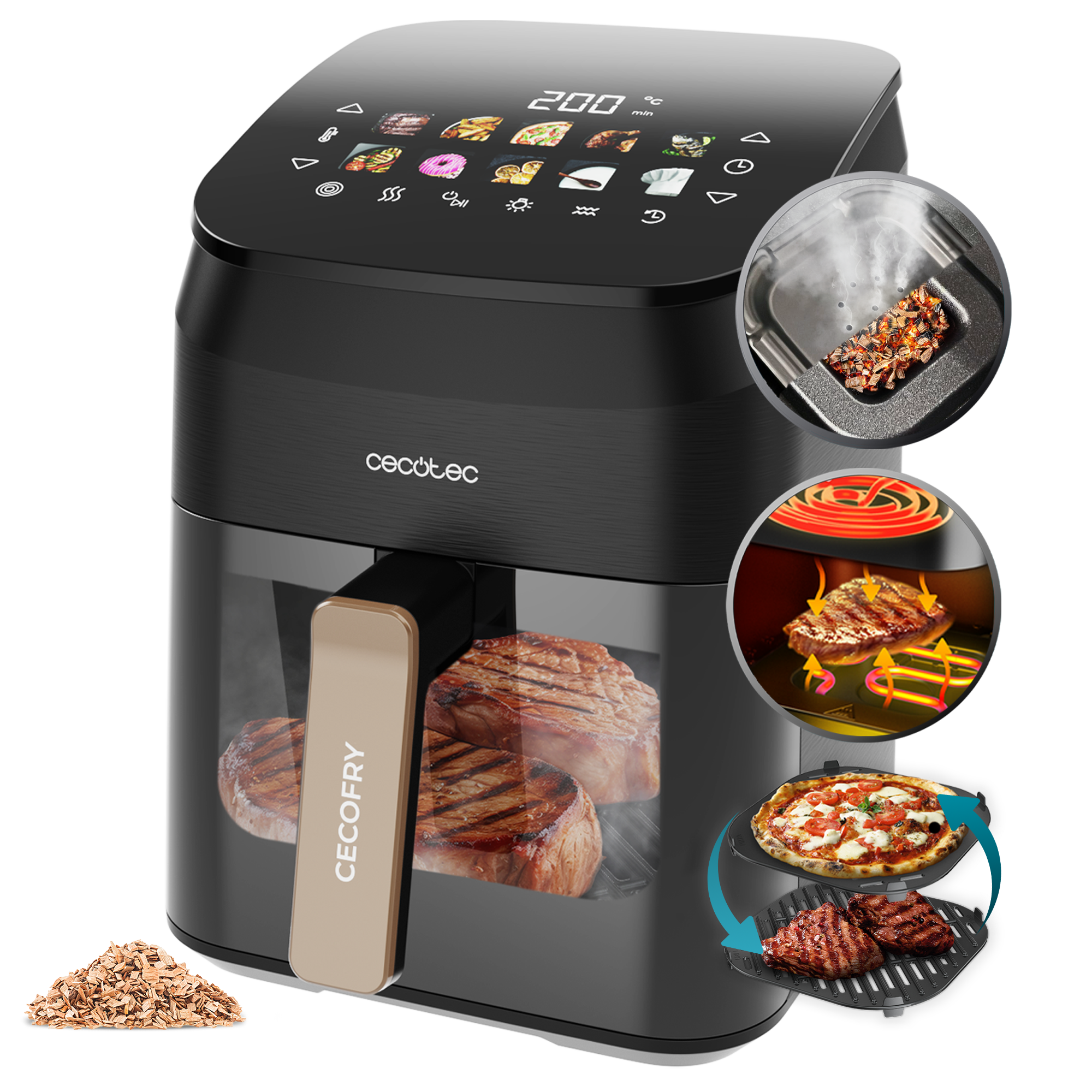 Freidora de aire Cecotec negra con pantalla, muestra 200 grados. Dentro, filetes cocinándose. Inserciones muestran virutas y pizza.