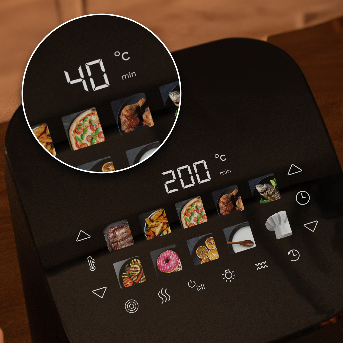 Primer plano del panel de control de una freidora de aire negra con pantalla de temperatura digital. Se muestran imágenes de opciones de comida. La temperatura es de 200°C.