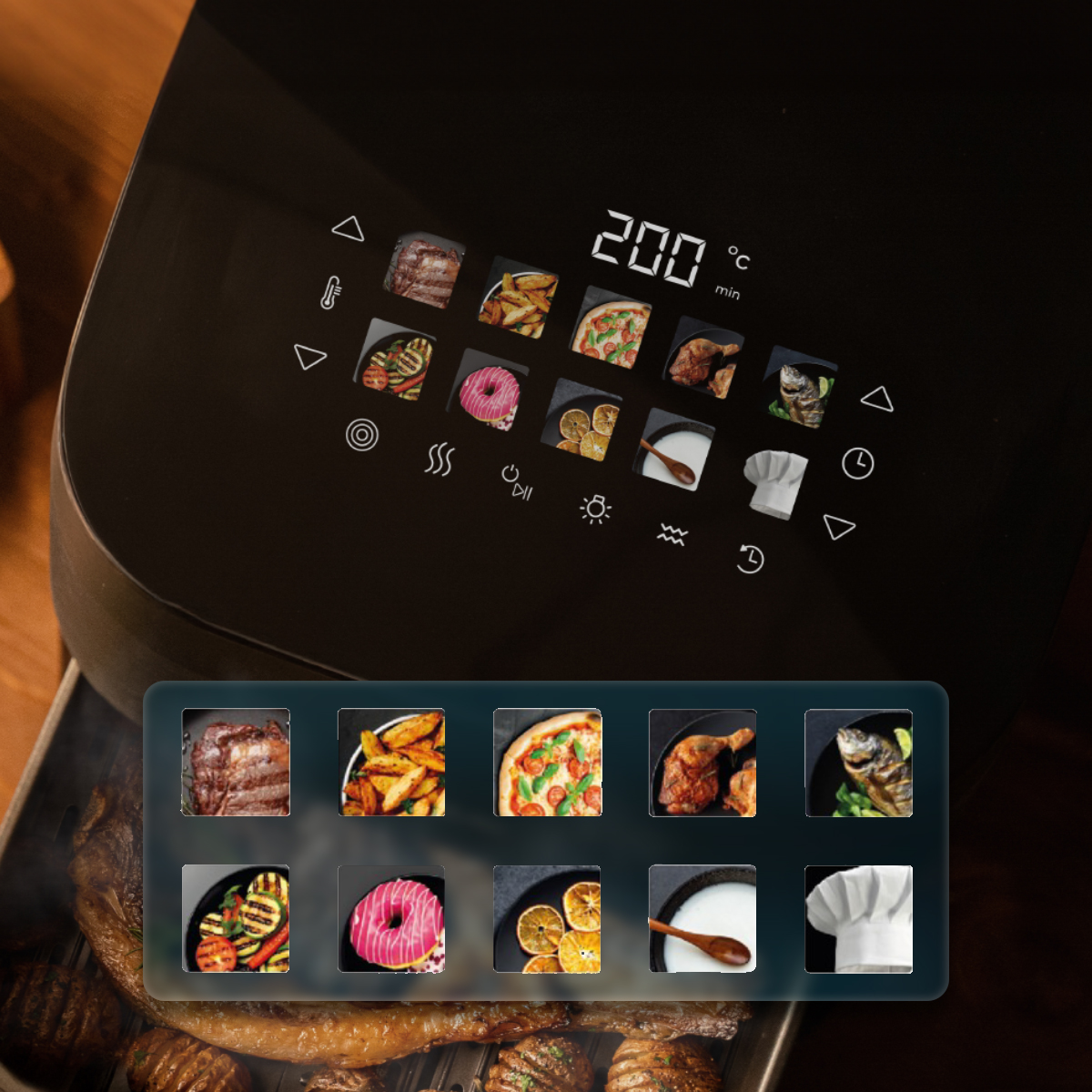 Freidora de aire negra con pantalla digital que muestra 200 grados. Los iconos de alimentos incluyen bistec, papas fritas, pizza, pollo, pescado, verduras, donuts y más.
