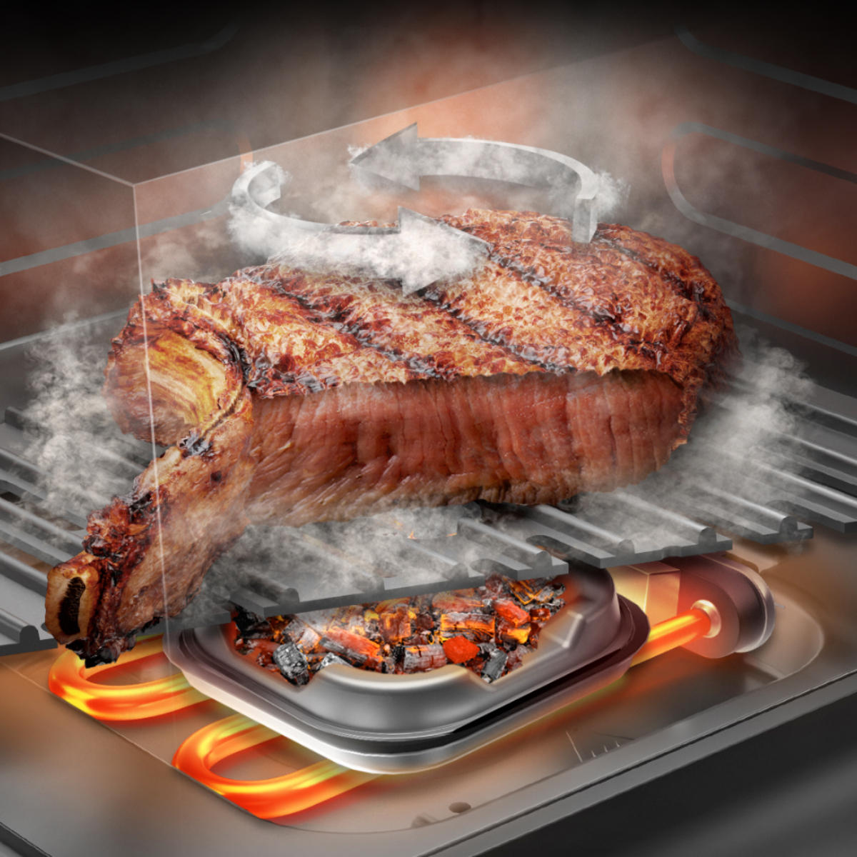 Un filete a la parrilla en una parrilla. El vapor se eleva del filete. Las brasas se calientan desde abajo.