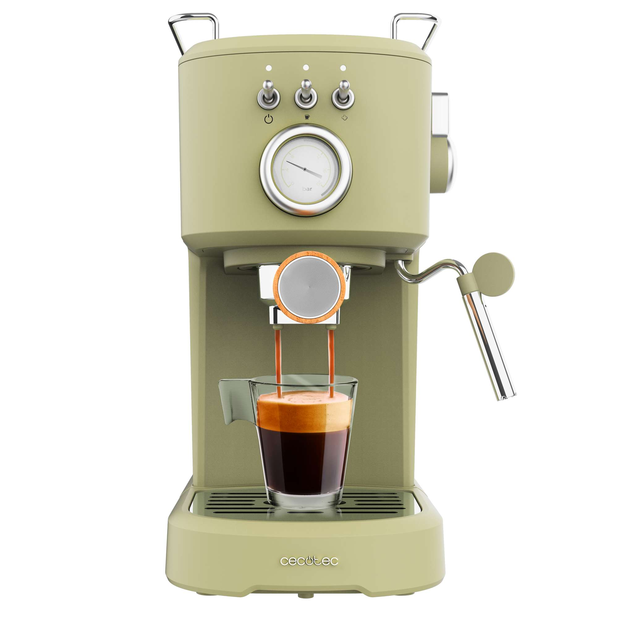 Una máquina de espresso verde salvia está dispensando café en un vaso. Tiene un manómetro y detalles plateados.