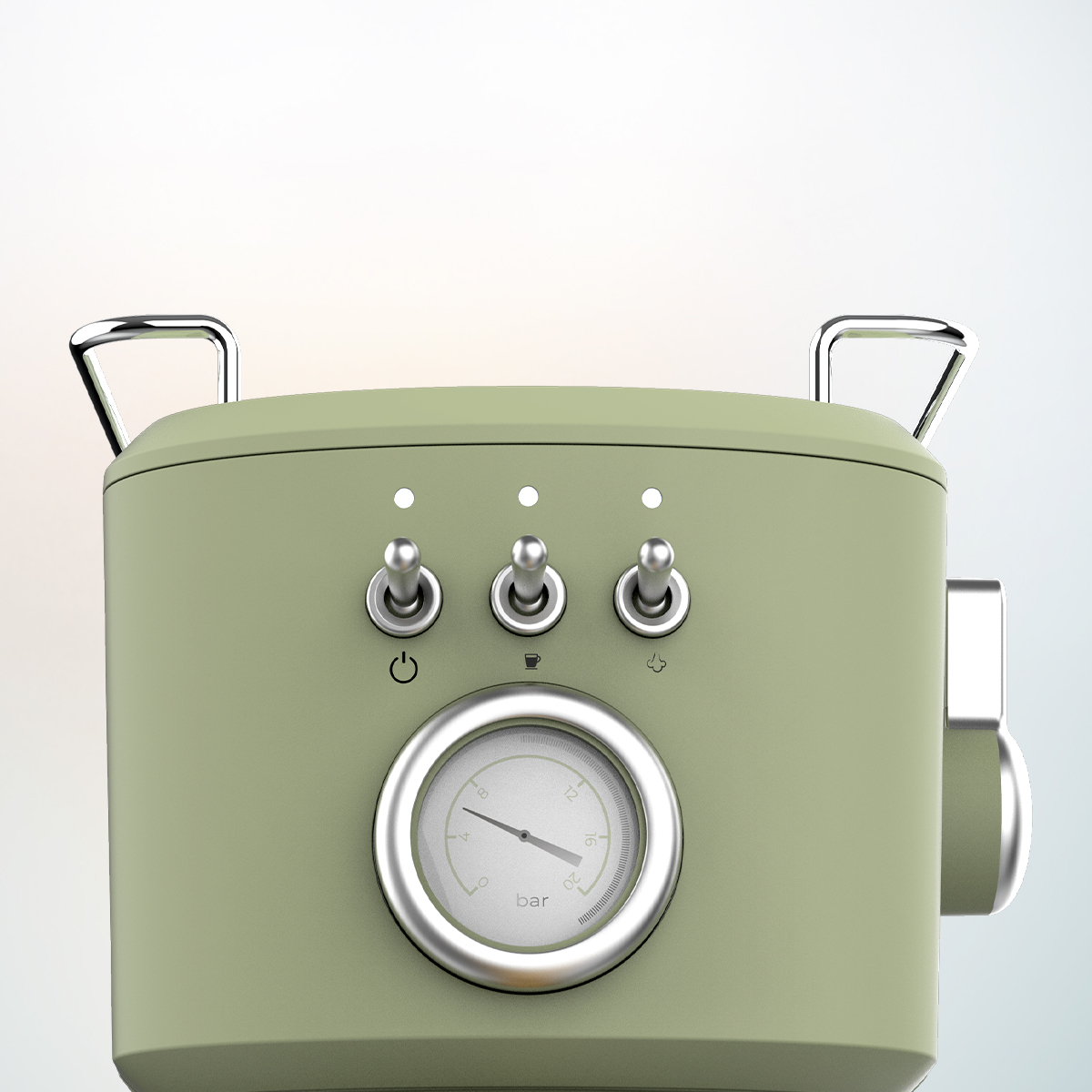 Primer plano de una máquina de espresso verde oliva de estilo retro. Tiene interruptores de palanca cromados, un manómetro y un asa cromada.