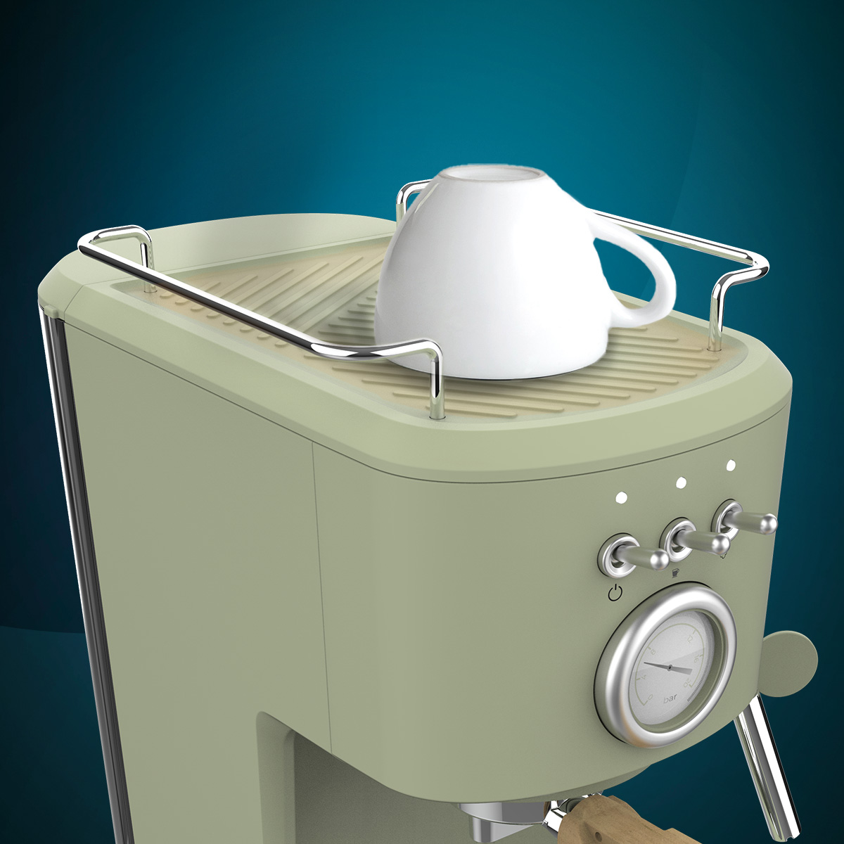 Una máquina de espresso verde con una taza blanca encima. La máquina tiene diales, un medidor y un mango de madera.