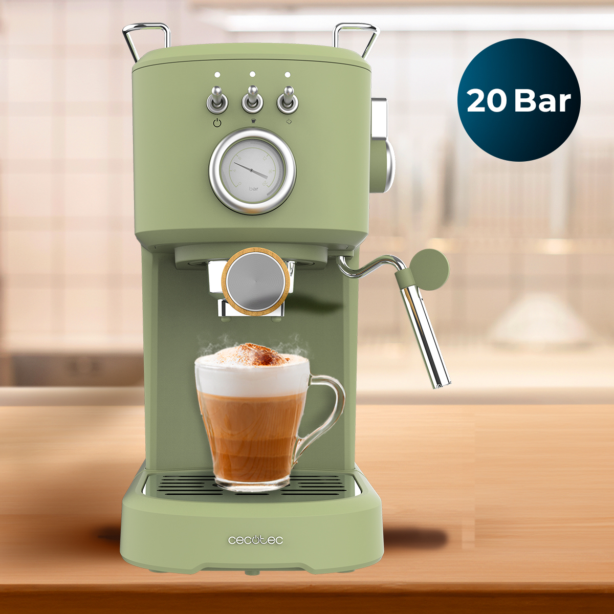 Máquina de espresso verde con una taza de capuchino. Un círculo azul oscuro con texto blanco "20 Bar" está en la esquina superior derecha.