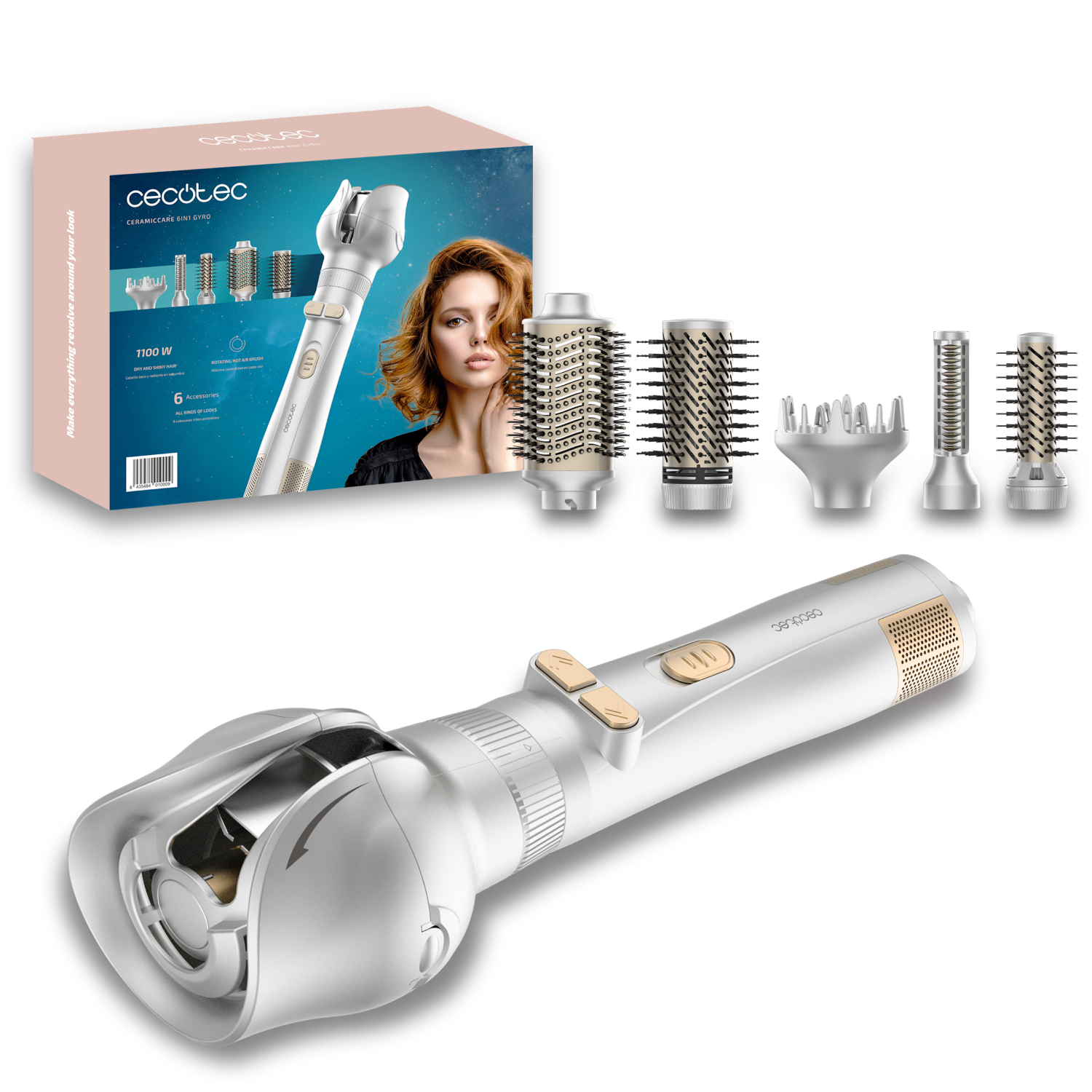 Una herramienta para peinar el cabello blanca y dorada con accesorios, caja que muestra a una mujer con el cabello peinado. Se muestran accesorios.