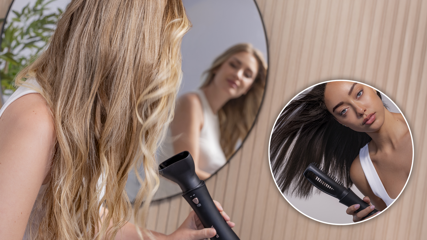 Una mujer con cabello rubio se mira en un espejo, sosteniendo un secador de pelo. Una imagen insertada muestra a una mujer con cabello oscuro usando una herramienta para el cabello.