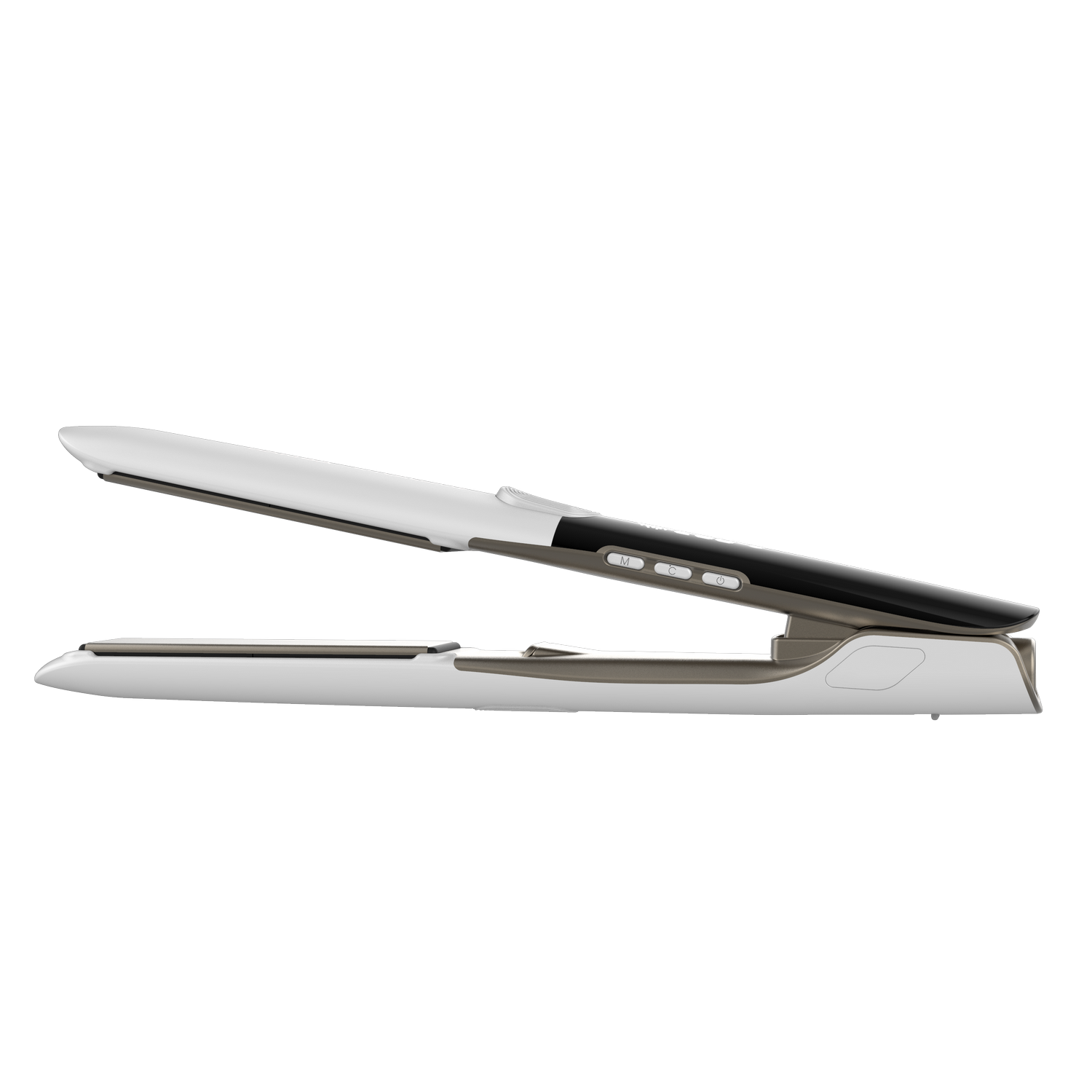 Una plancha de pelo blanca y negra con botones y fondo gris. Está abierta, mostrando las placas calefactoras.