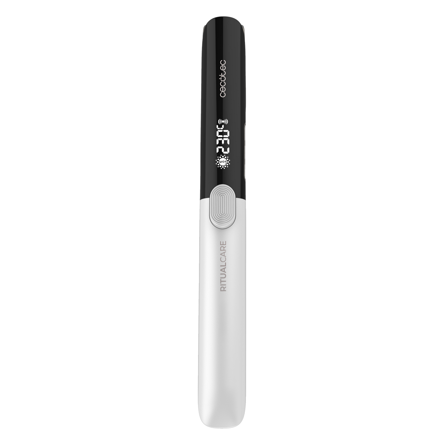 Una plancha de pelo blanca y negra con la marca y una pantalla digital que muestra la temperatura, sobre fondo gris.