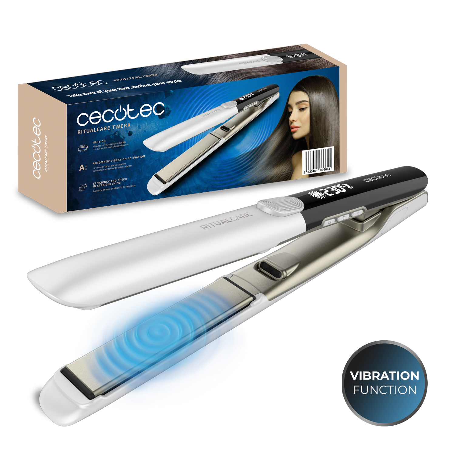 Plancha para el pelo con caja. La caja muestra a una mujer con cabello largo y liso. La plancha es blanca y negra con pantalla digital.