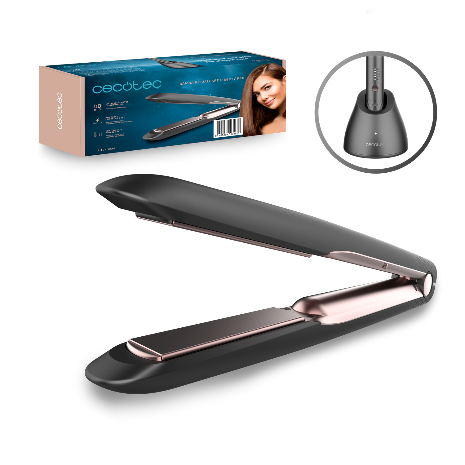 Una plancha para el cabello negra y oro rosa está abierta. Se exhiben una caja y una base de carga. Una mujer está en la caja.
