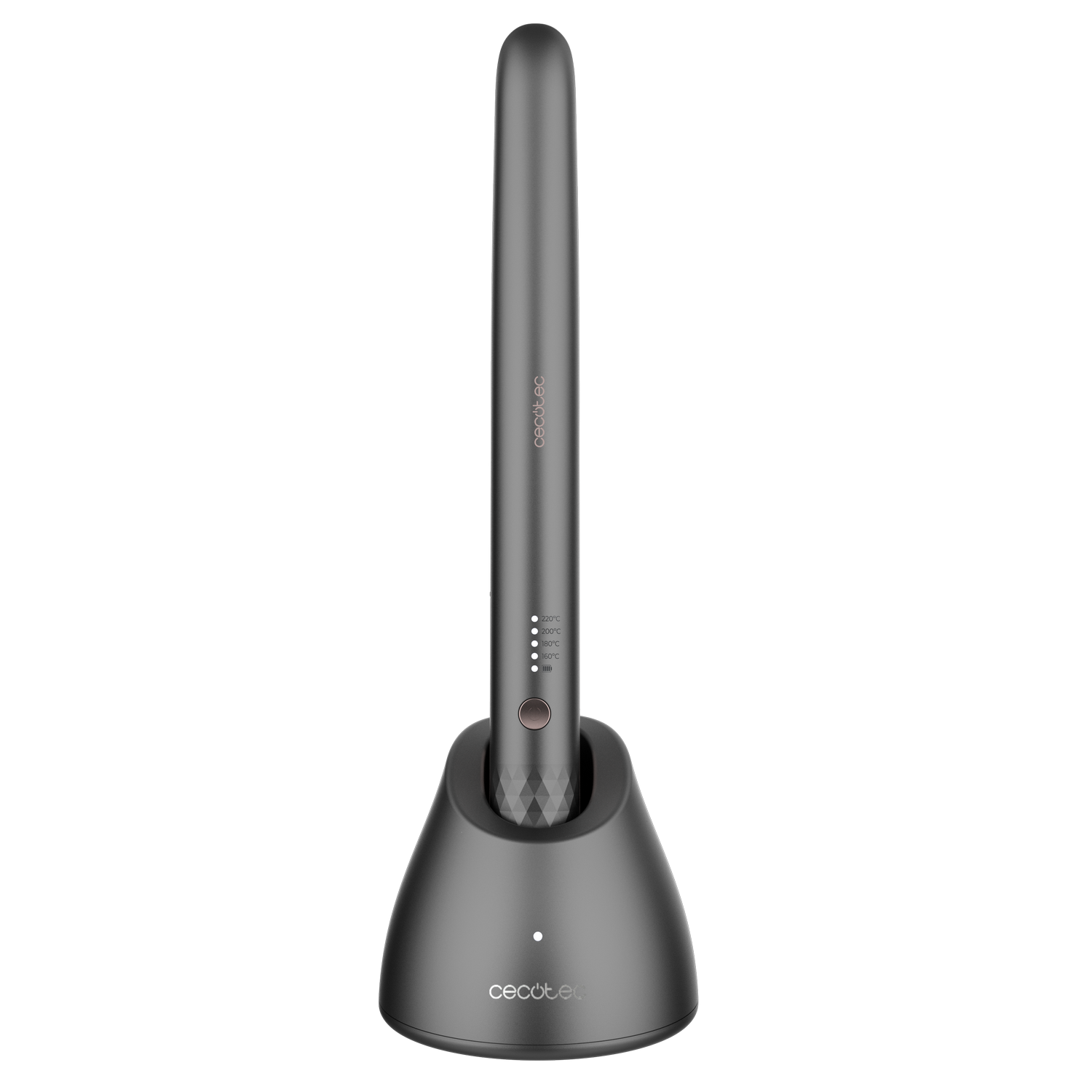 Una plancha de pelo gris oscuro sobre una base gris oscuro. La plancha tiene una pantalla de temperatura digital y el nombre de la marca.