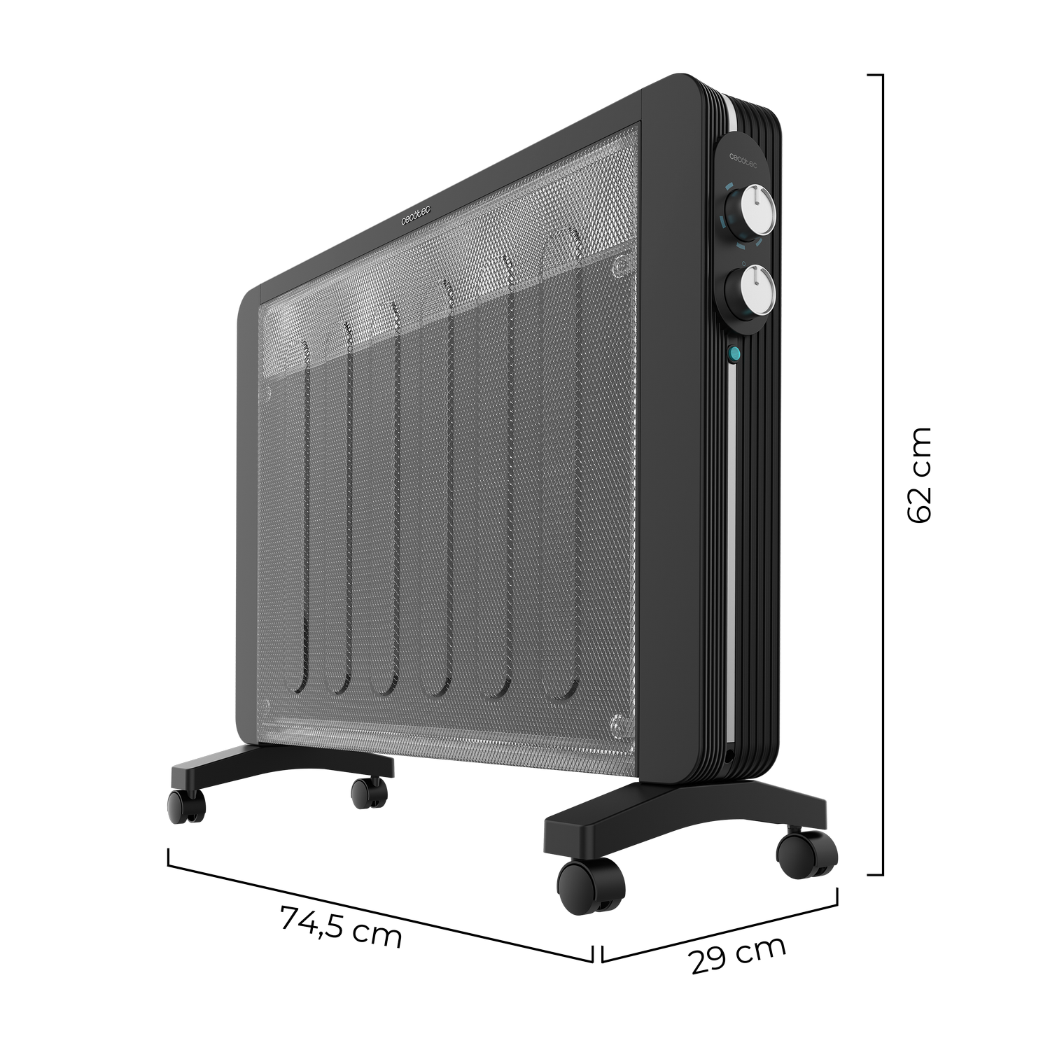Radiador de aceite Cecotec negro con frontal de malla, perillas de control y dimensiones de 74,5 cm, 62 cm y 29 cm. Tiene ruedas.
