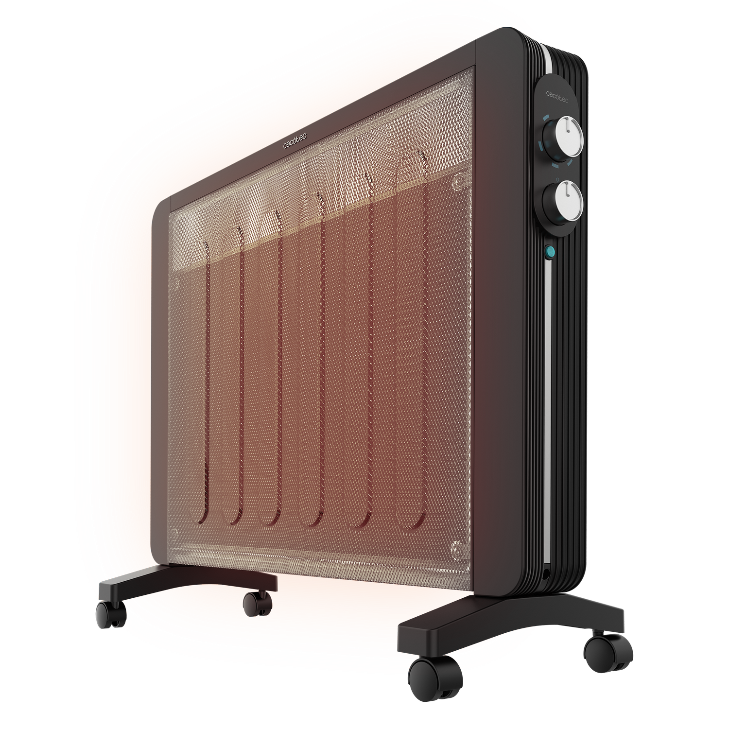 Un calefactor Cecotec negro y plateado sobre ruedas, con frente de malla. Perillas laterales. Contorno naranja.