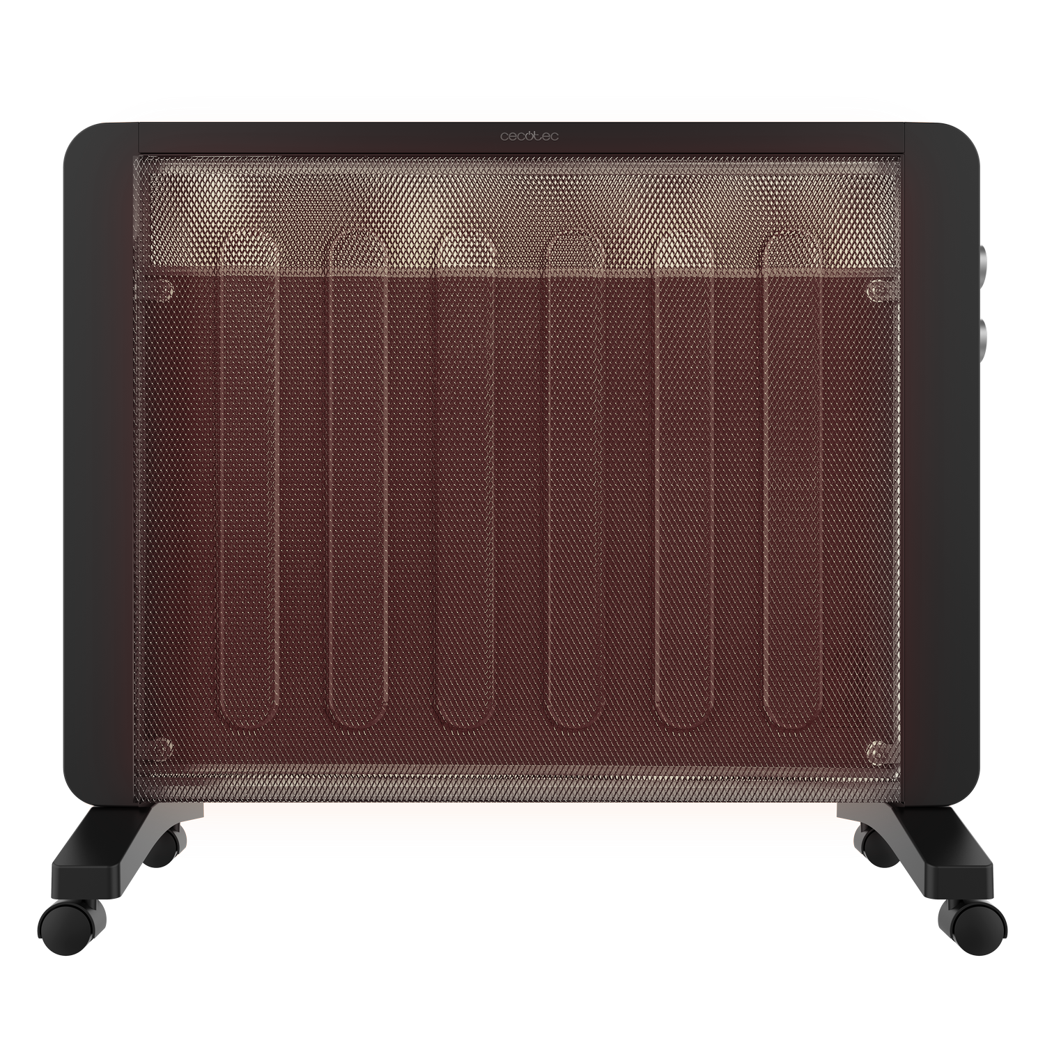 Un calefactor eléctrico naranja y negro. Tiene una rejilla frontal, con un elemento calefactor marrón visible. Se apoya en ruedas pequeñas.