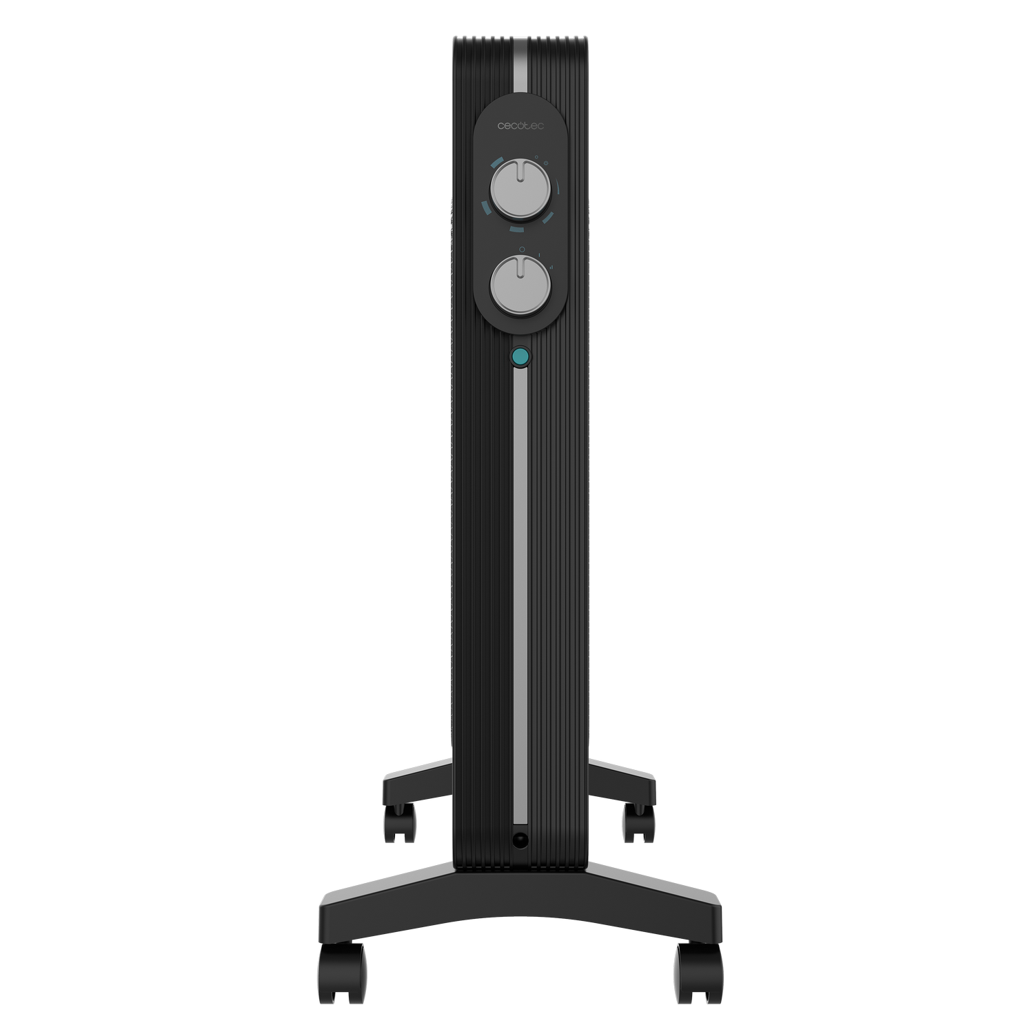 Un calefactor eléctrico negro con dos diales y una base con ruedas. Está sobre un fondo gris.