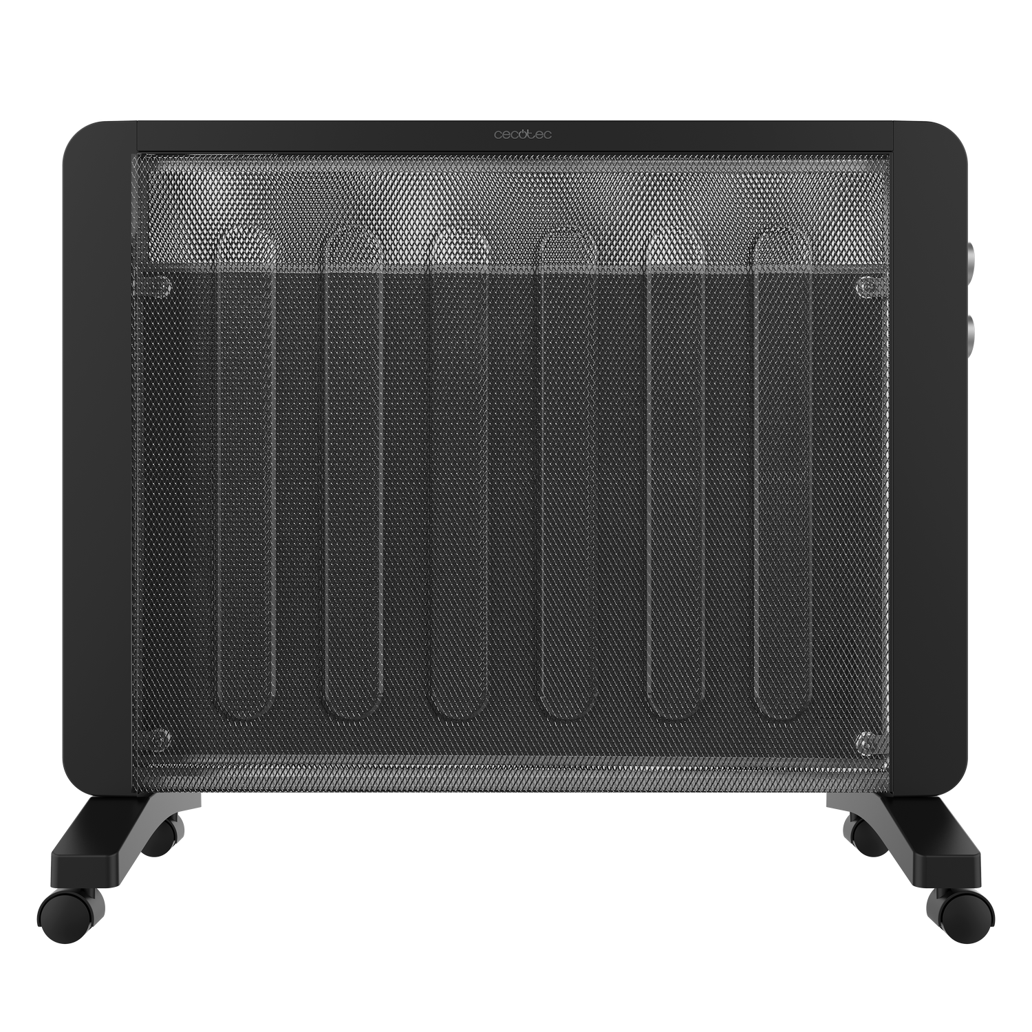 Un calefactor eléctrico negro con una rejilla frontal. Tiene ruedas y un panel de control. El fondo es gris sólido.