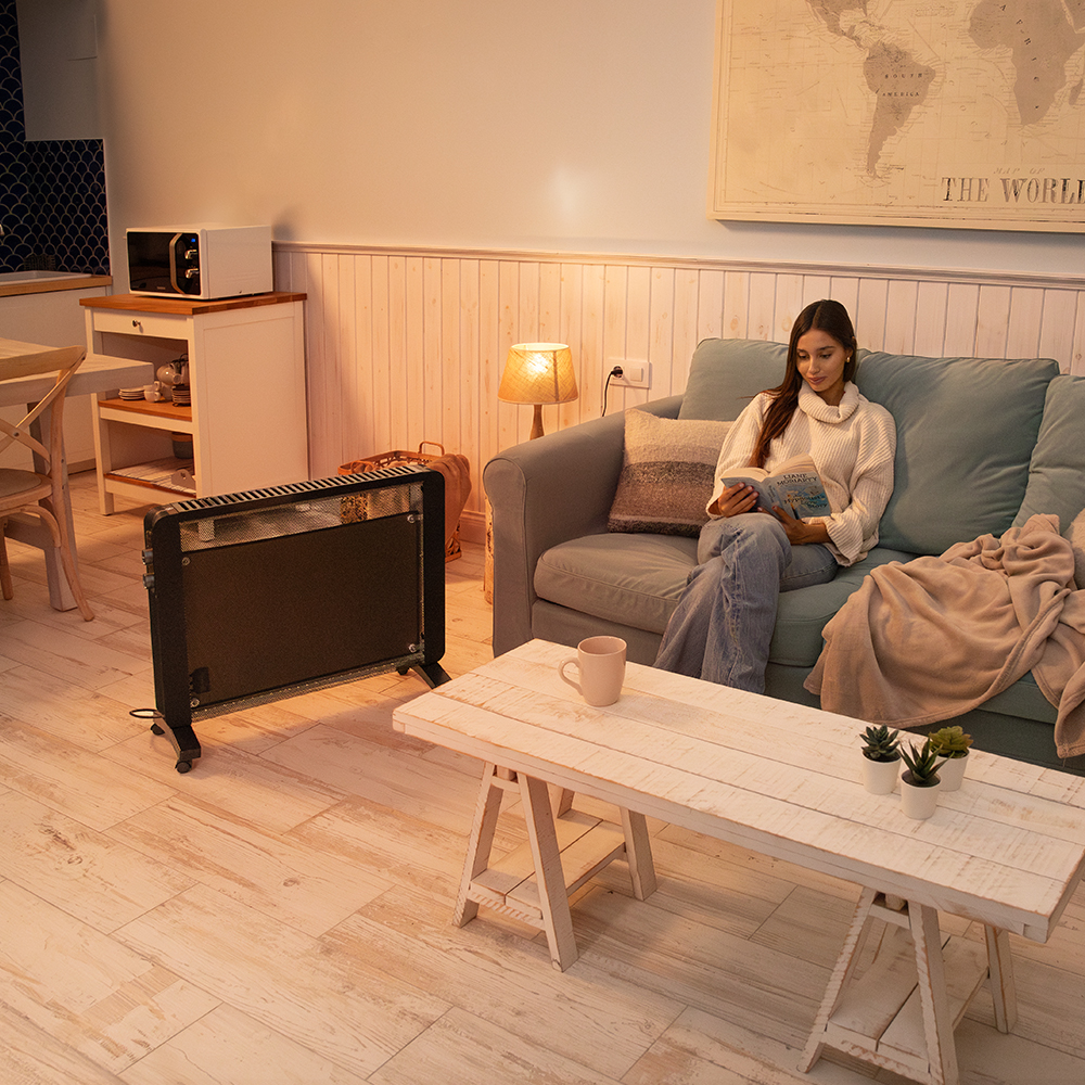 Una mujer lee en un sofá. Un calefactor está frente al sofá. Una mesa de centro tiene una taza y plantas. Mapa en la pared.