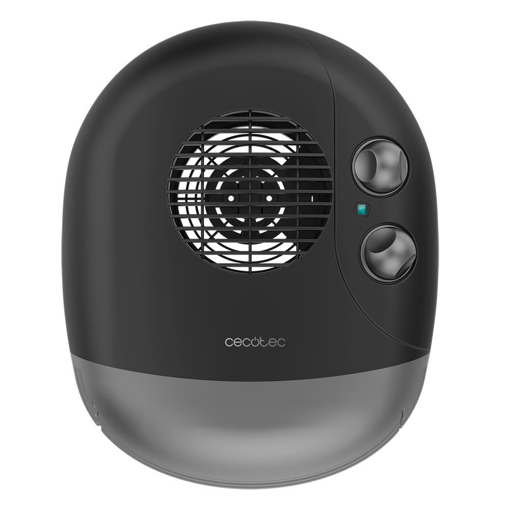 Un calefactor ovalado negro y gris. Tiene una rejilla de ventilador, perillas de control y una luz indicadora de encendido. Es visible la marca 'cecotec'.