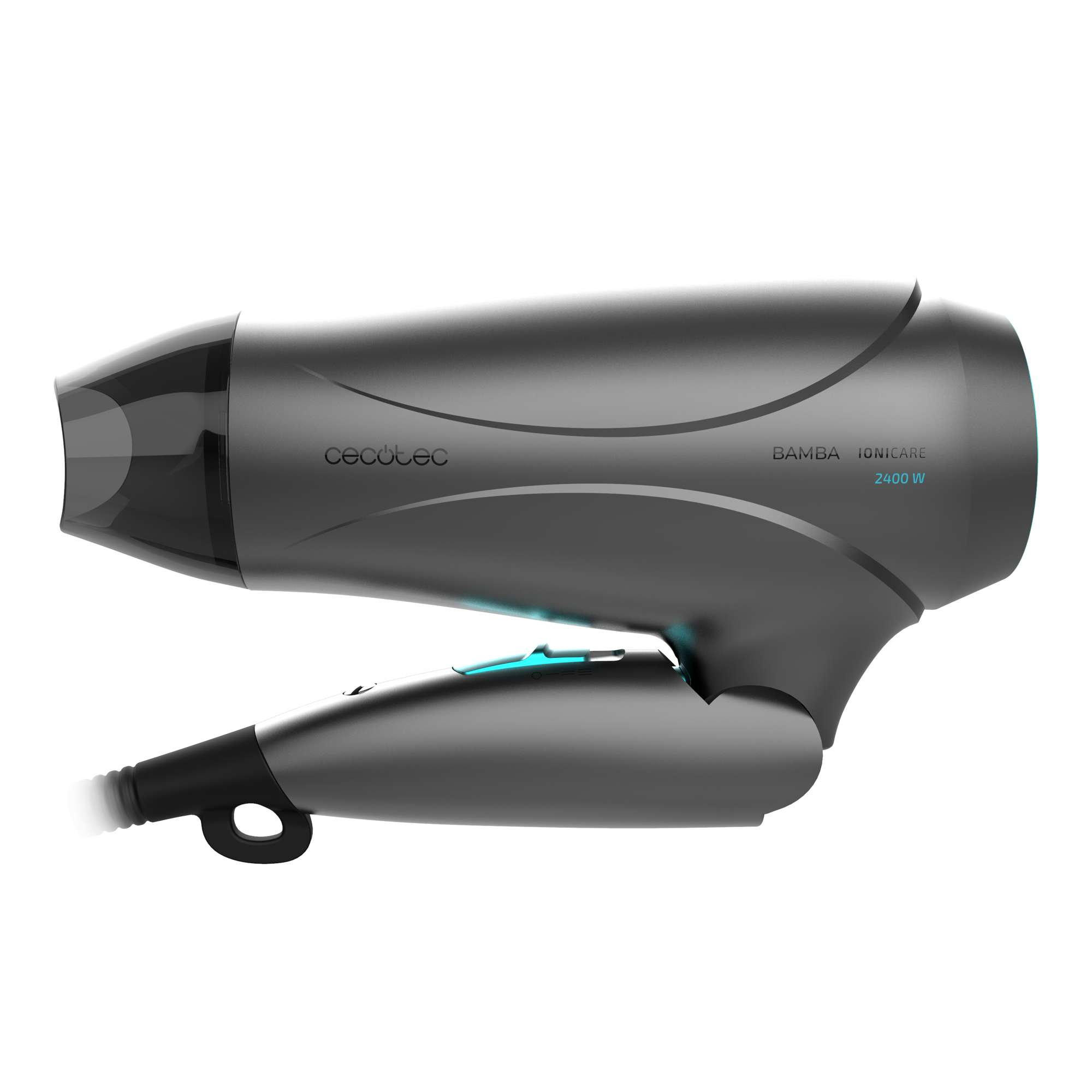 Secador de pelo gris Cecotec Bamba Ionicare 2400W sobre fondo blanco. Tiene boquilla y mango negros.