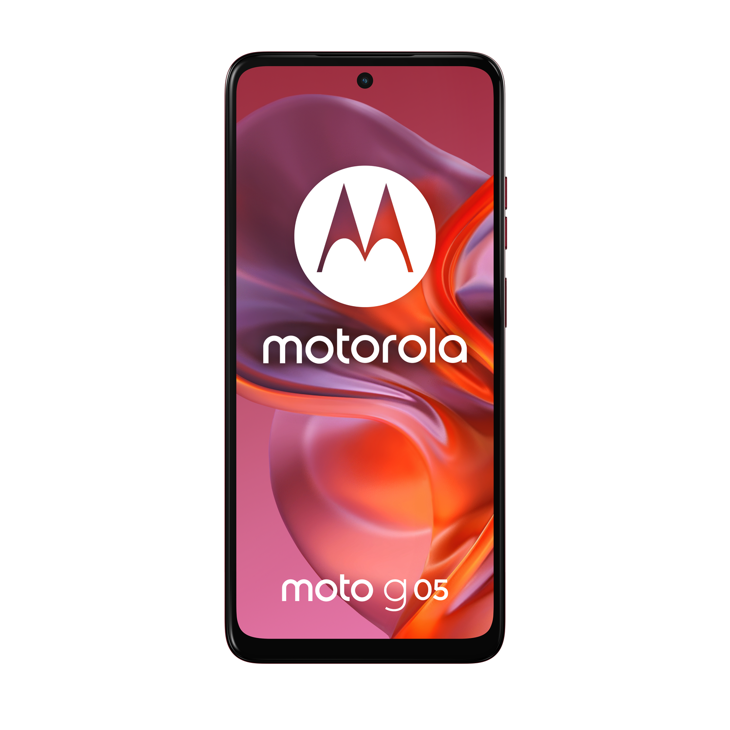 Un smartphone Motorola Moto G05. La pantalla muestra el logotipo de Motorola y un fondo degradado rojo y naranja.