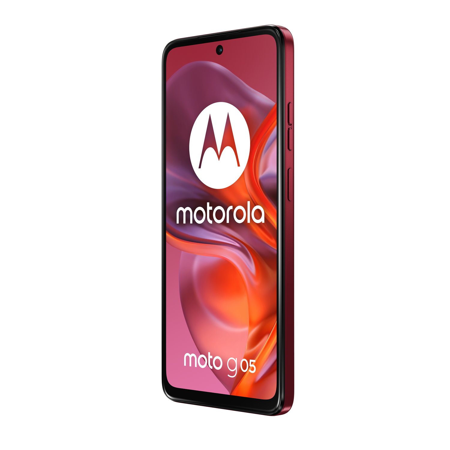 Un teléfono inteligente Motorola Moto G05 rojo. La pantalla muestra el logotipo y tiene un fondo rojo y morado. El teléfono está sobre un fondo blanco.