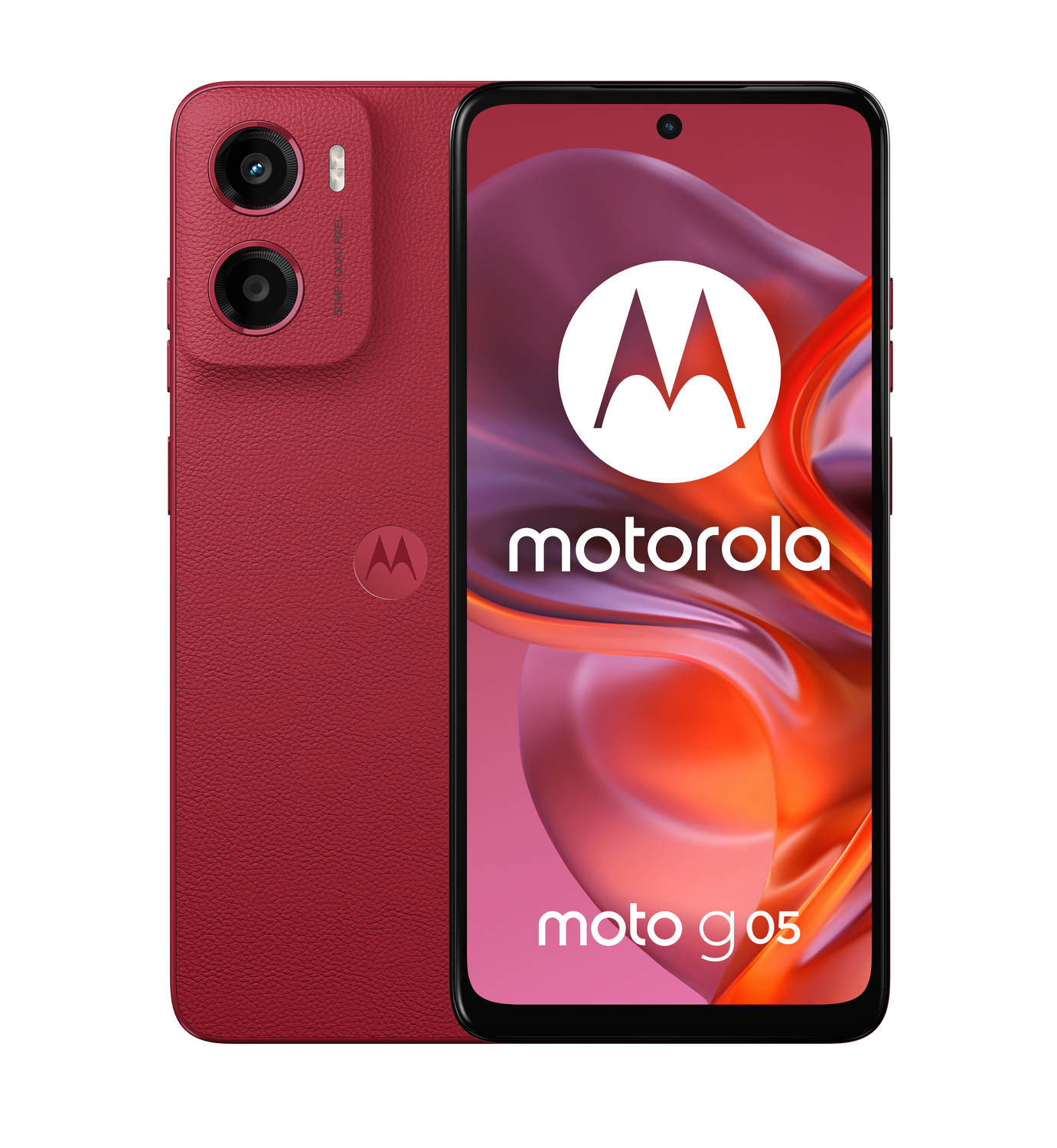 Un smartphone rojo Motorola Moto G05. Tiene cámaras duales, un logotipo de Motorola y una pantalla que muestra el logotipo de Motorola y Moto G05.