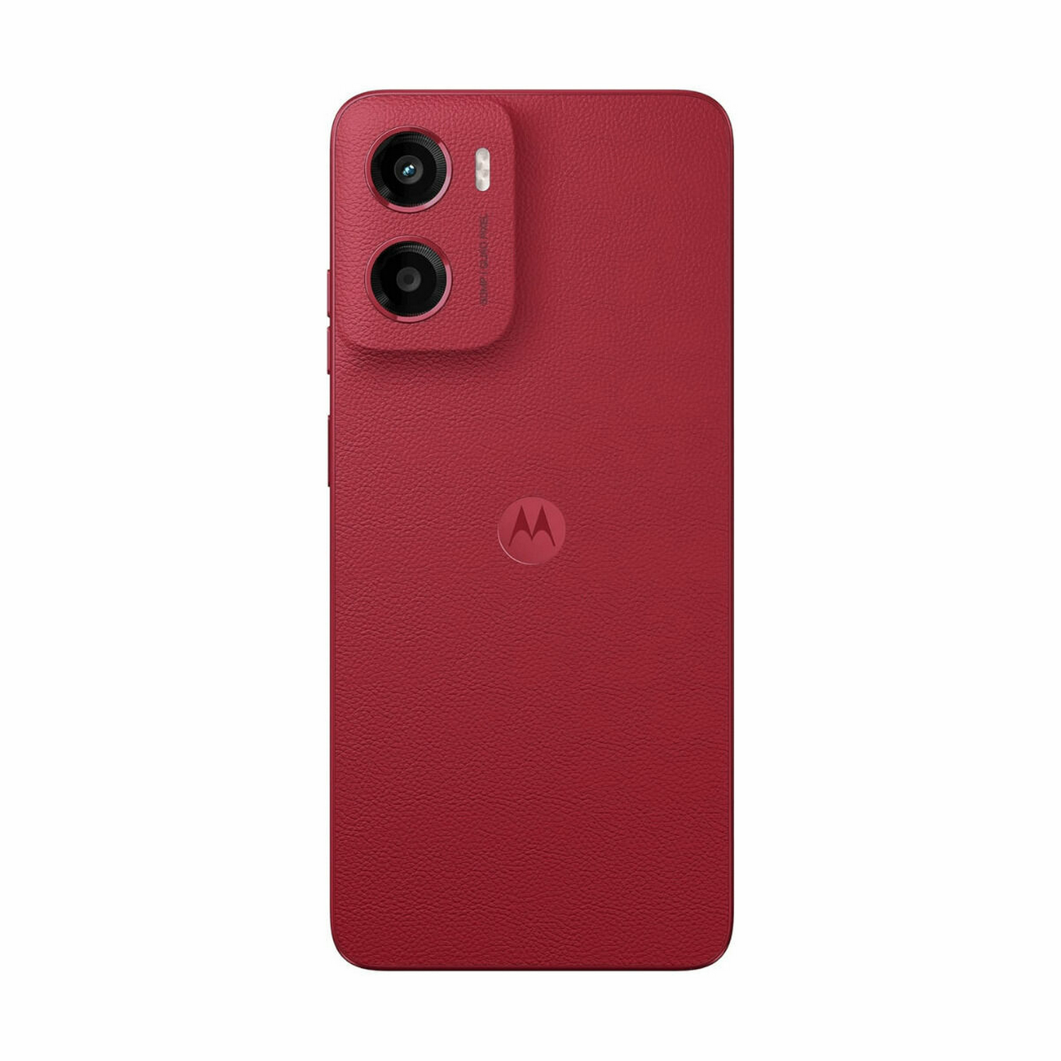 Un teléfono inteligente Motorola rojo con cámaras duales y el logotipo de Motorola. El teléfono tiene un acabado texturizado.