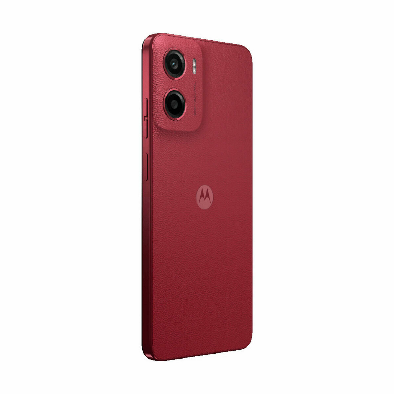 Se muestra un teléfono inteligente Motorola rojo desde la parte trasera. Tiene un acabado texturizado, cámaras duales y el logotipo de Motorola.