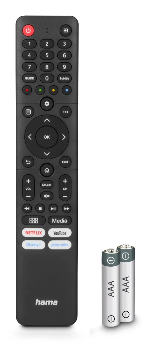 Un mando a distancia negro con varios botones y dos pilas AAA. El mando tiene botones de Netflix y YouTube.