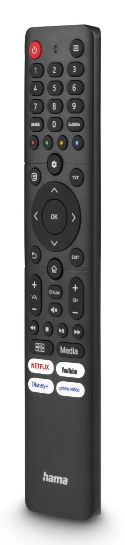 Un mando a distancia negro de TV Hama con varios botones, incluyendo volumen, canal y accesos directos a medios. Tiene el logo de Hama.