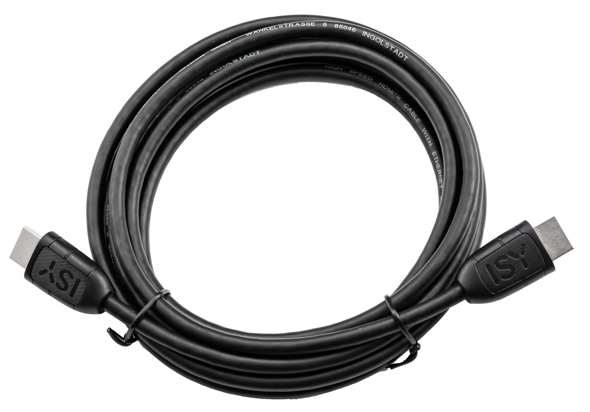 Egy fekete HDMI-kábel Ethernet-tel, feltekerve. ISY logók vannak a csatlakozókon, és szöveg a specifikációkról.