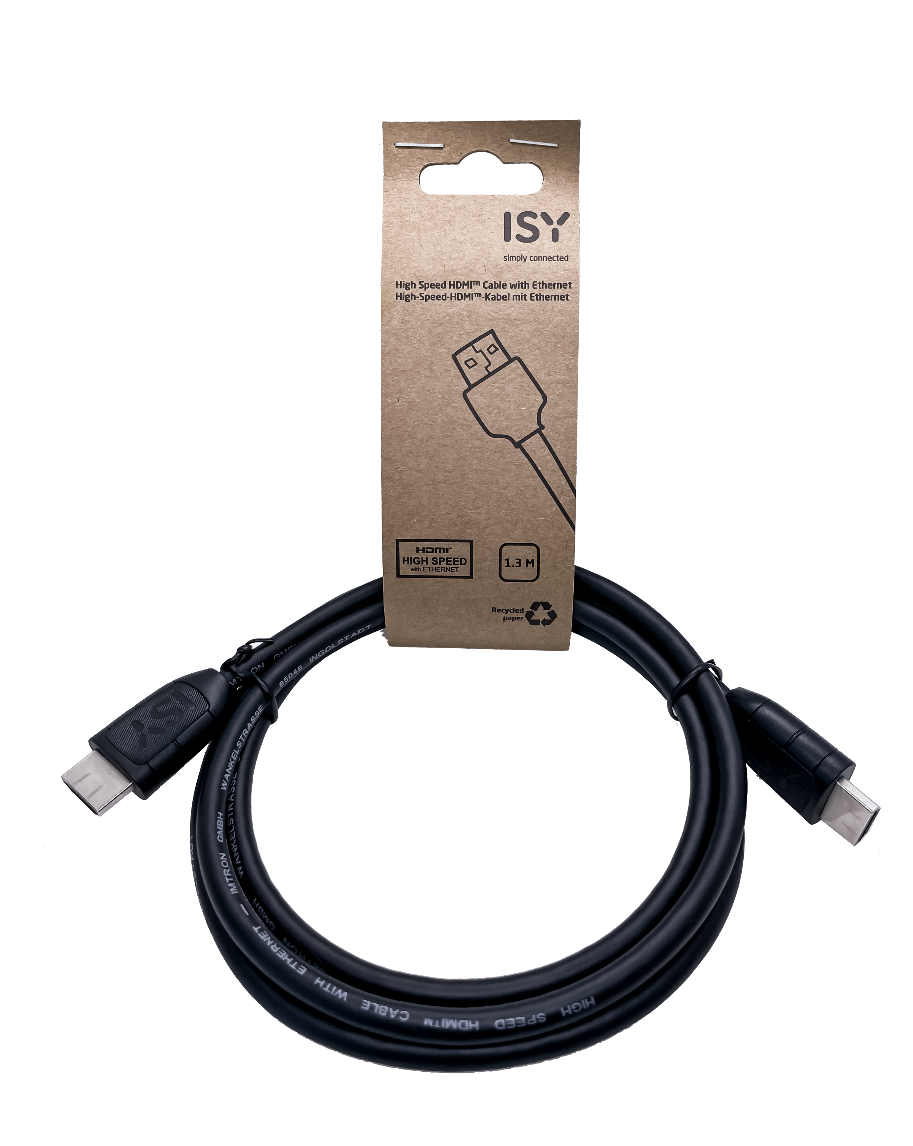 Fekete HDMI kábel csomagolással. A csomagoláson az 'ISY', 'High Speed HDMI Cable with Ethernet' és '1.3 M' feliratok láthatók.
