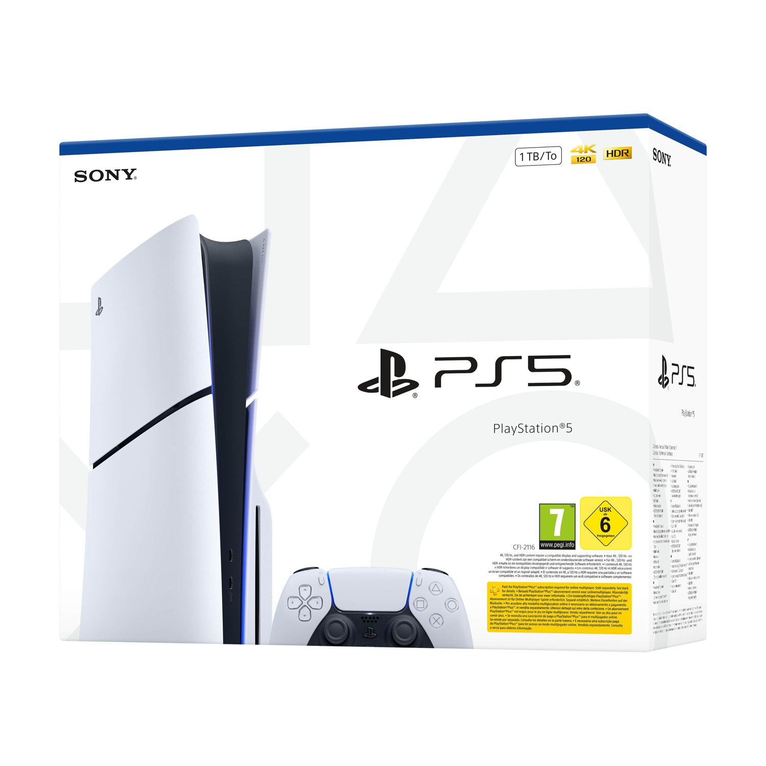 Scatola PlayStation 5. Immagine console, controller e testo. Design bianco e nero con logo Sony. 4K HDR.