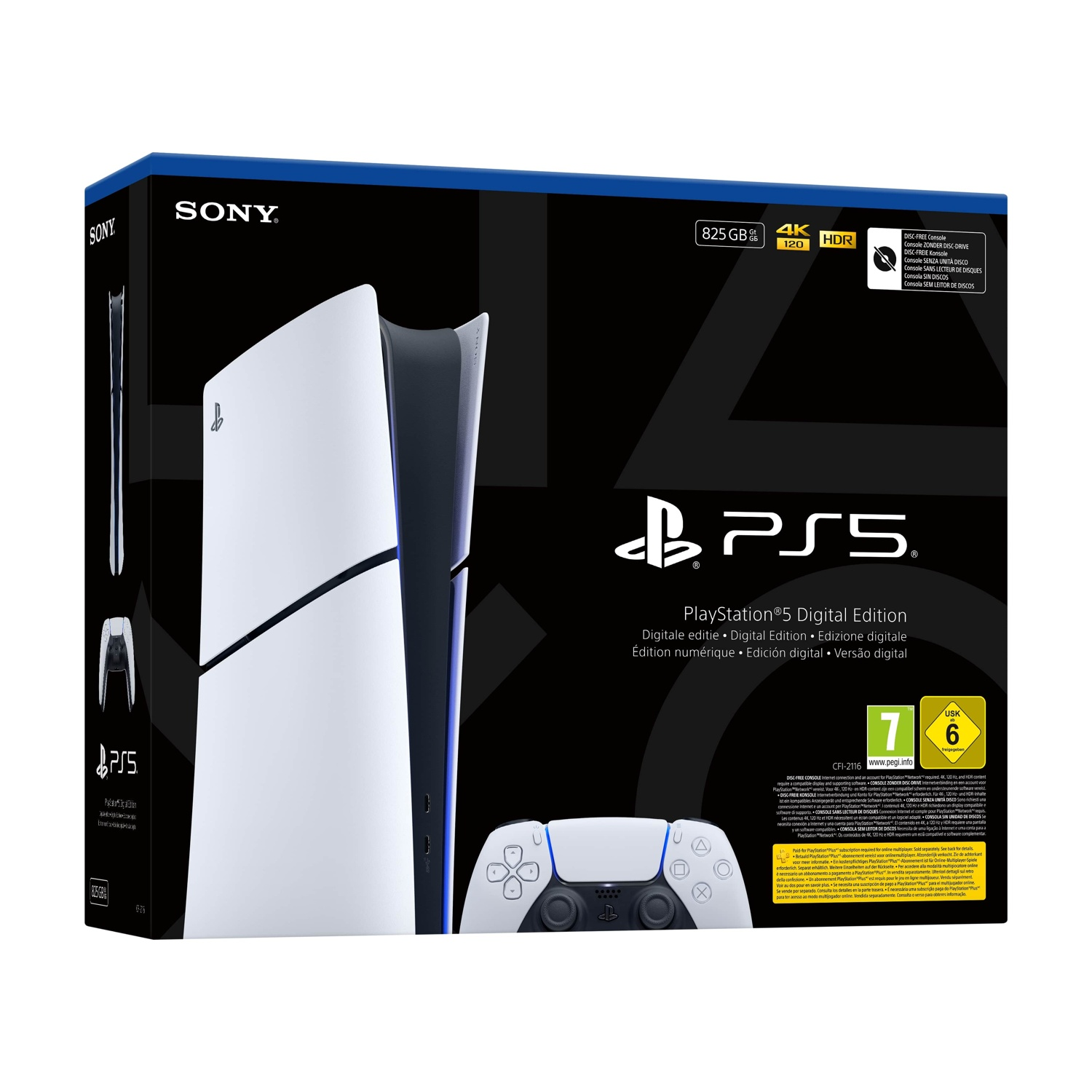 Una scatola bianca di PlayStation 5 Digital Edition. Include un'immagine della console e del controller.