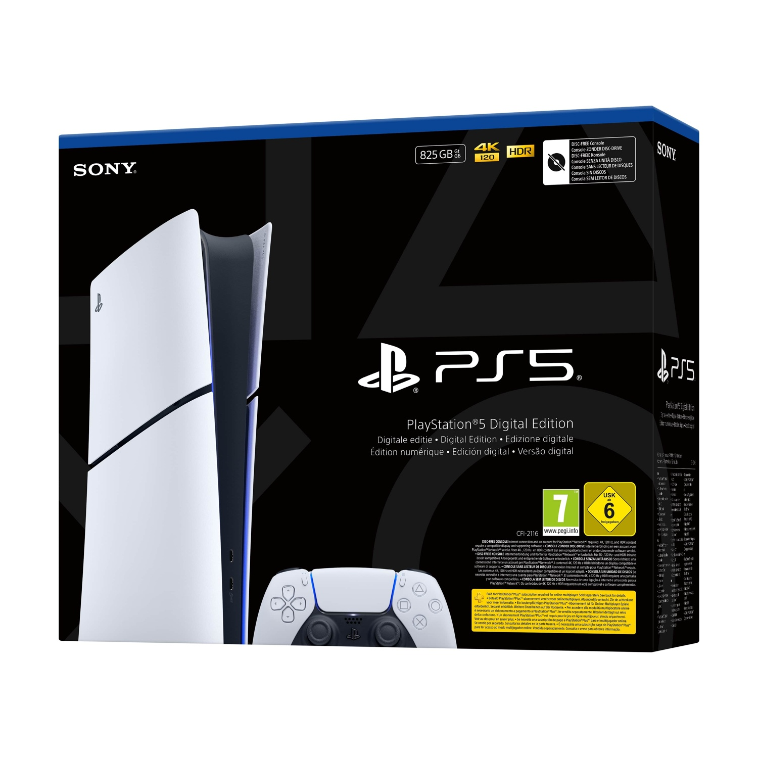 Scatola PS5 Digital Edition. Console, controller e funzioni visualizzate.
