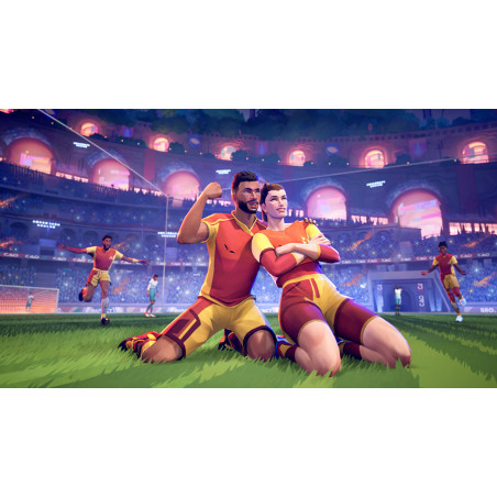 Jugadores de fútbol celebrando en el campo. Dos jugadores se arrodillan, otros corren. Estadio al fondo.