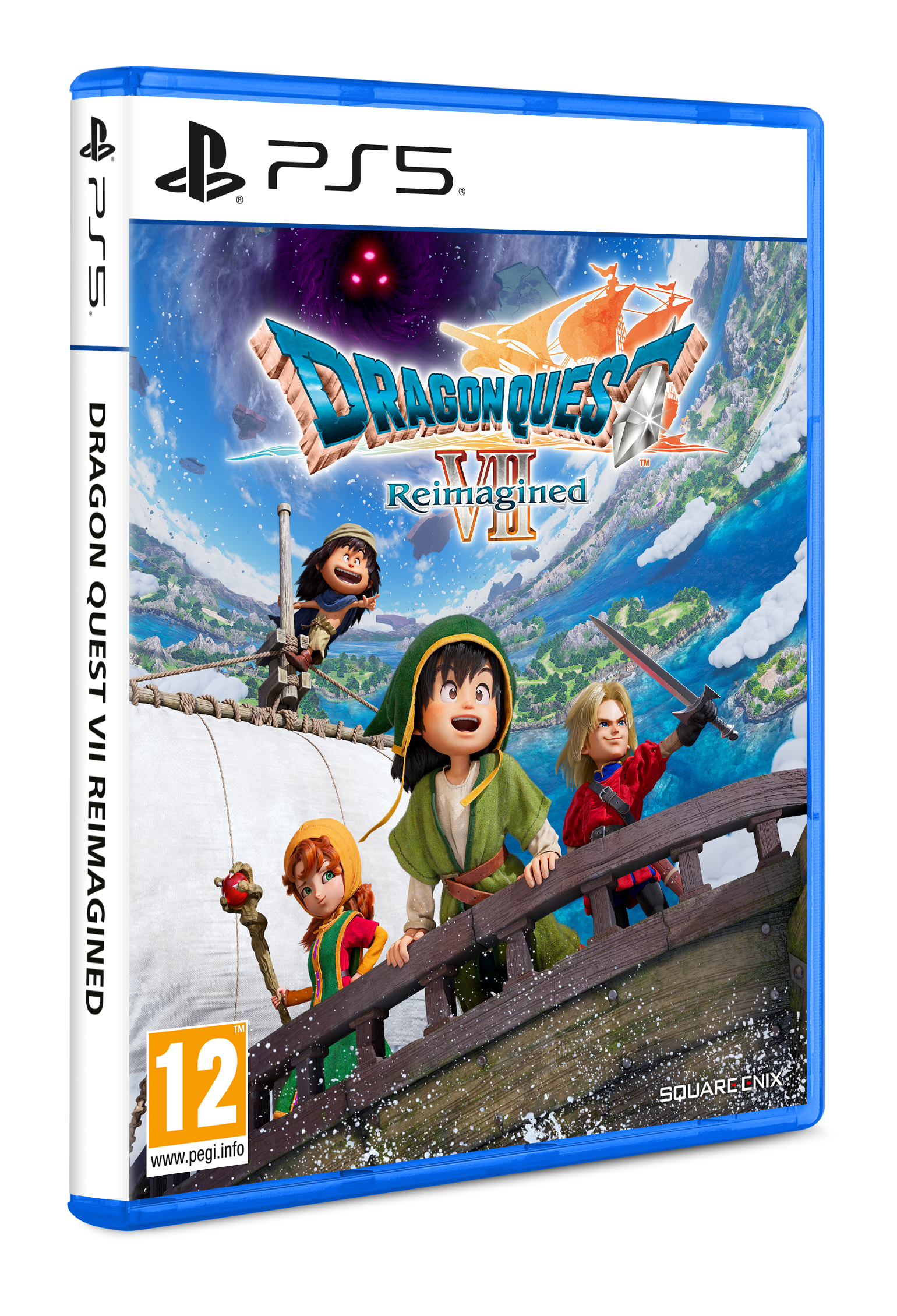 Portada del juego Dragon Quest VII. Personajes en un barco. Cielo con nubes y un portal oscuro de fondo. Logotipo de PS5.
