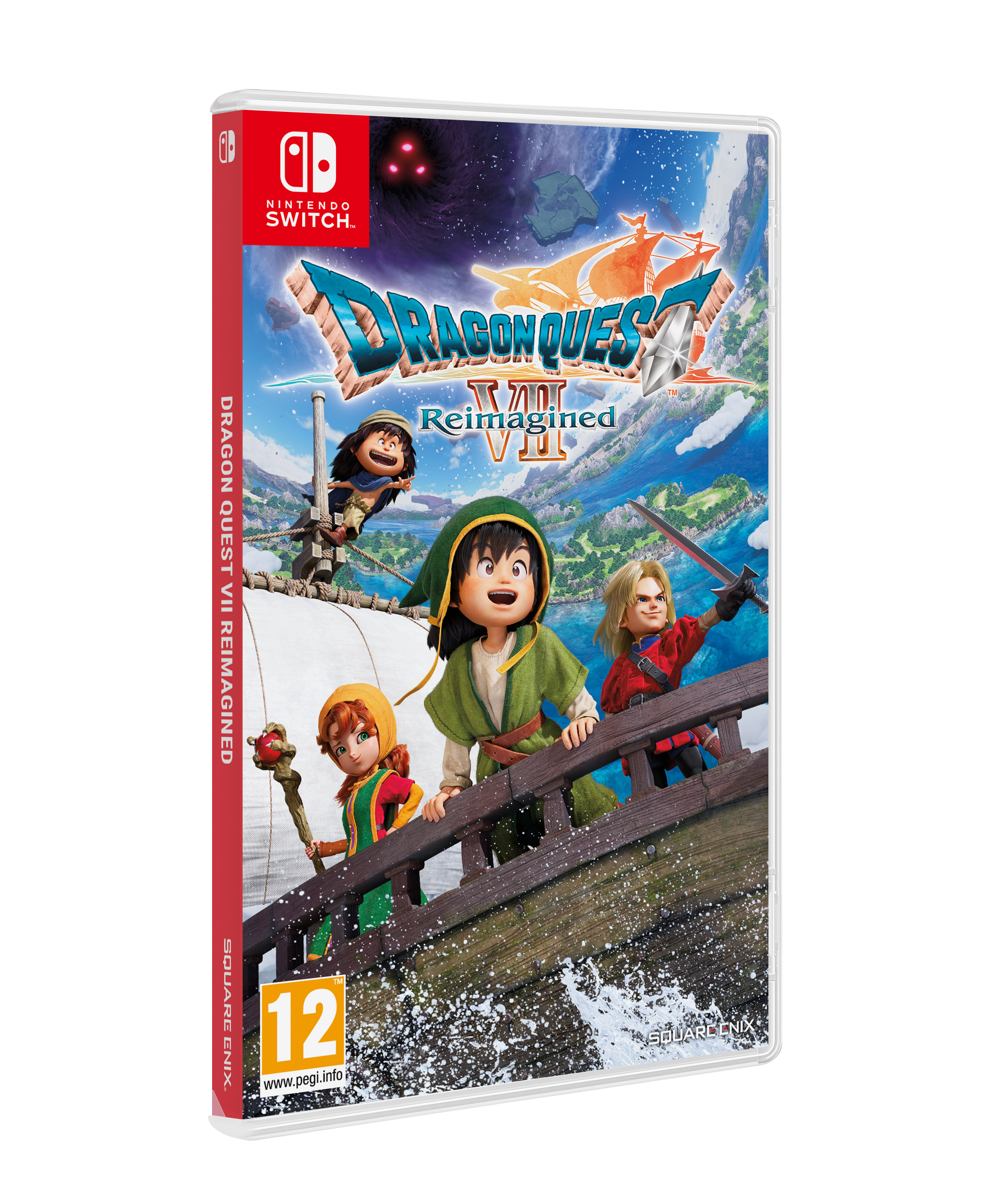 Caja del juego Dragon Quest VII. Cuatro personajes en un barco. El cielo tiene un vórtice oscuro. El logo de Nintendo Switch es visible.
