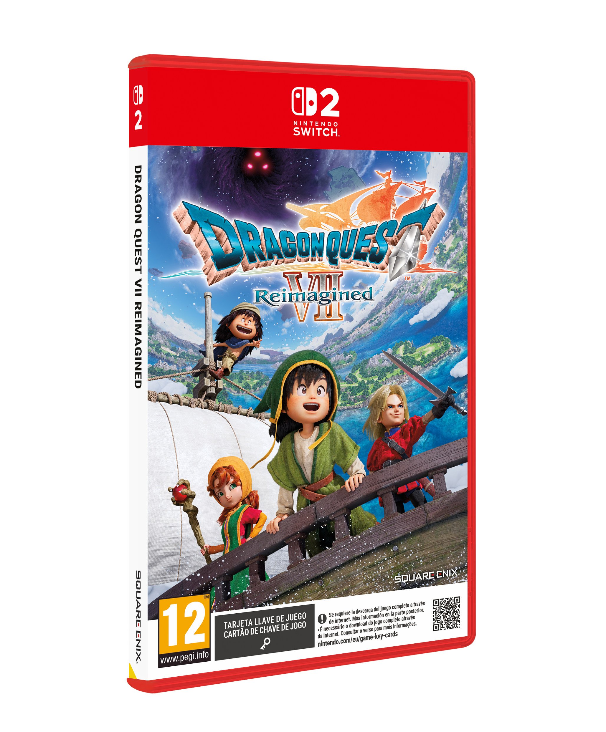 Portada de Dragon Quest VII Reimagined, con personajes en una estructura de madera y fondo de cielo oscuro.