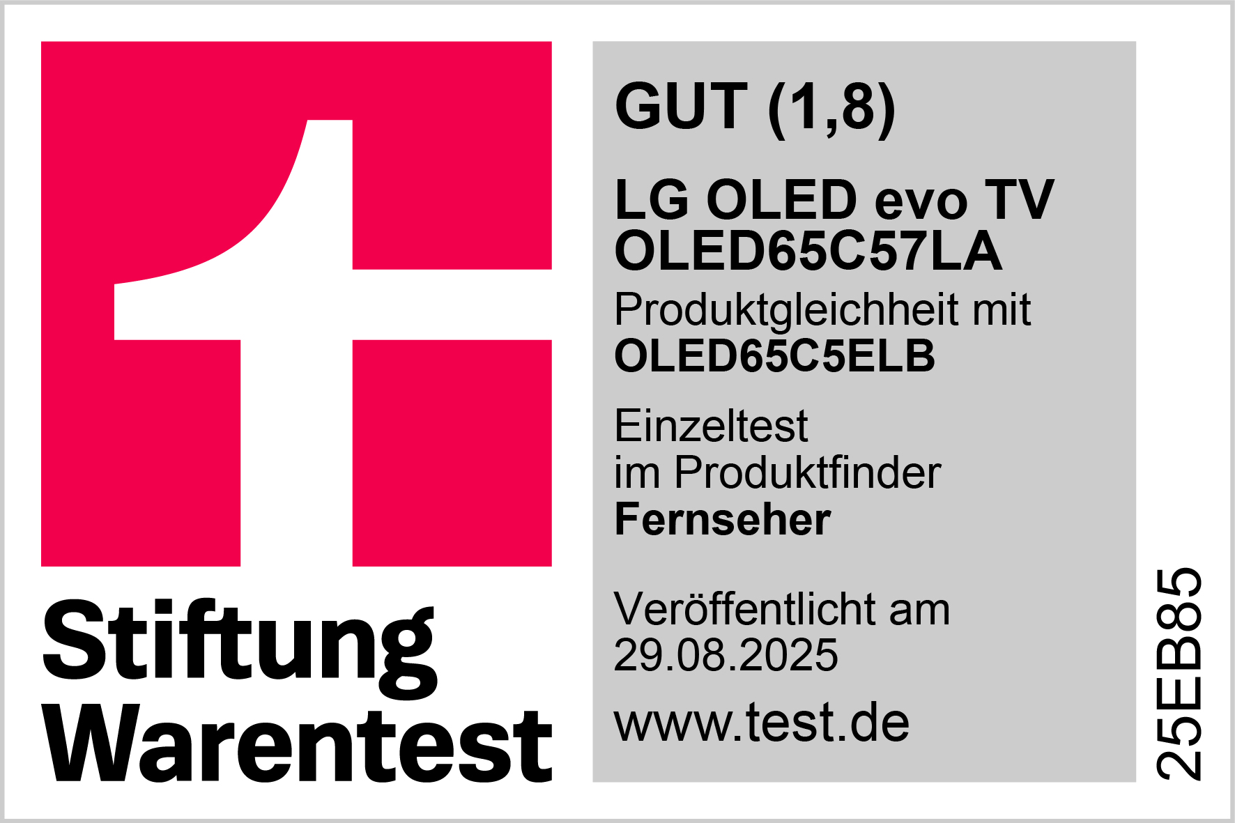 Logo von Stiftung Warentest mit rotem und weißem Design und Text, der ein Testergebnis für einen Fernseher anzeigt: GUT (1,8).