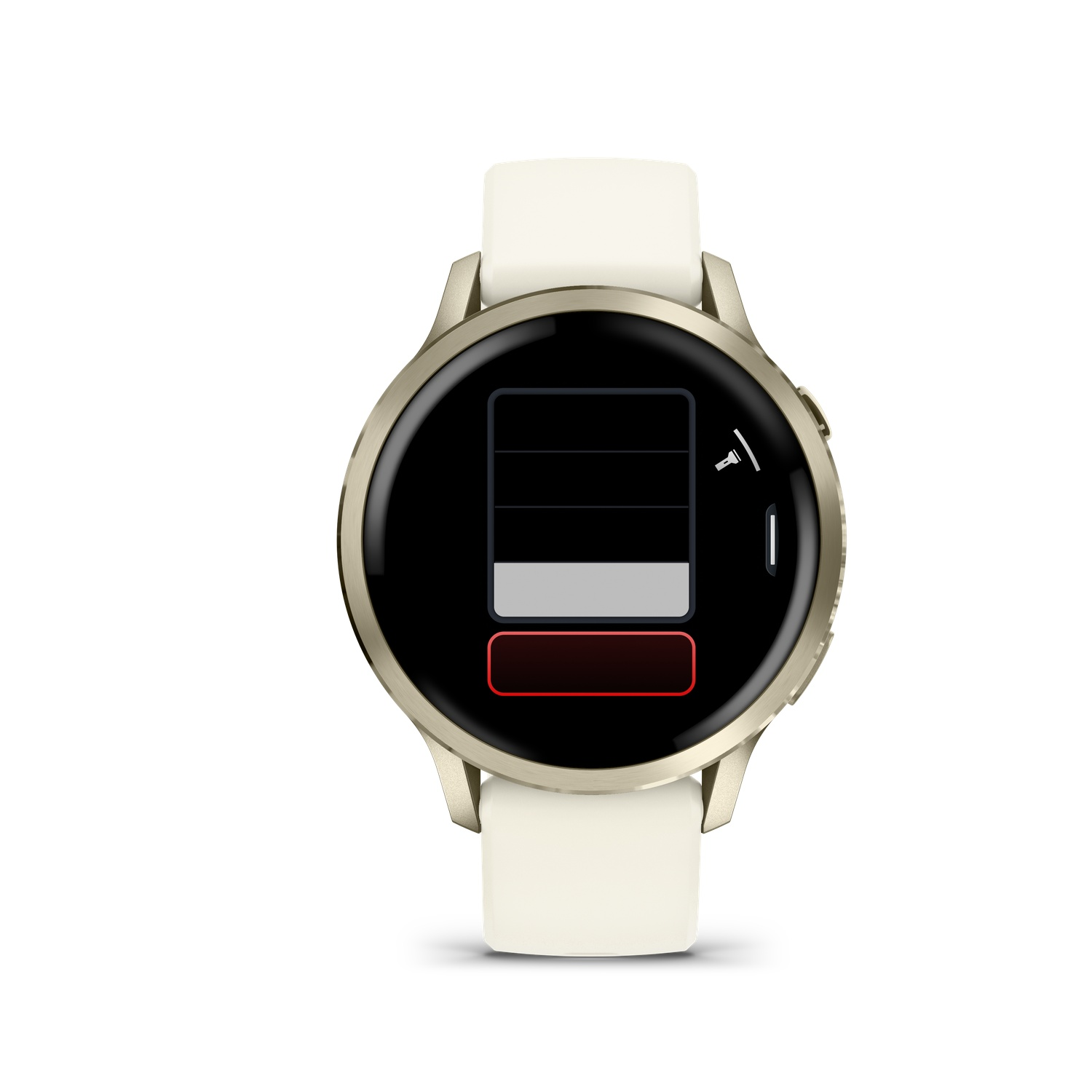 A smartwatch with a cream band and gold case displays battery status. The screen shows black fields, a grey bar, and a red button.