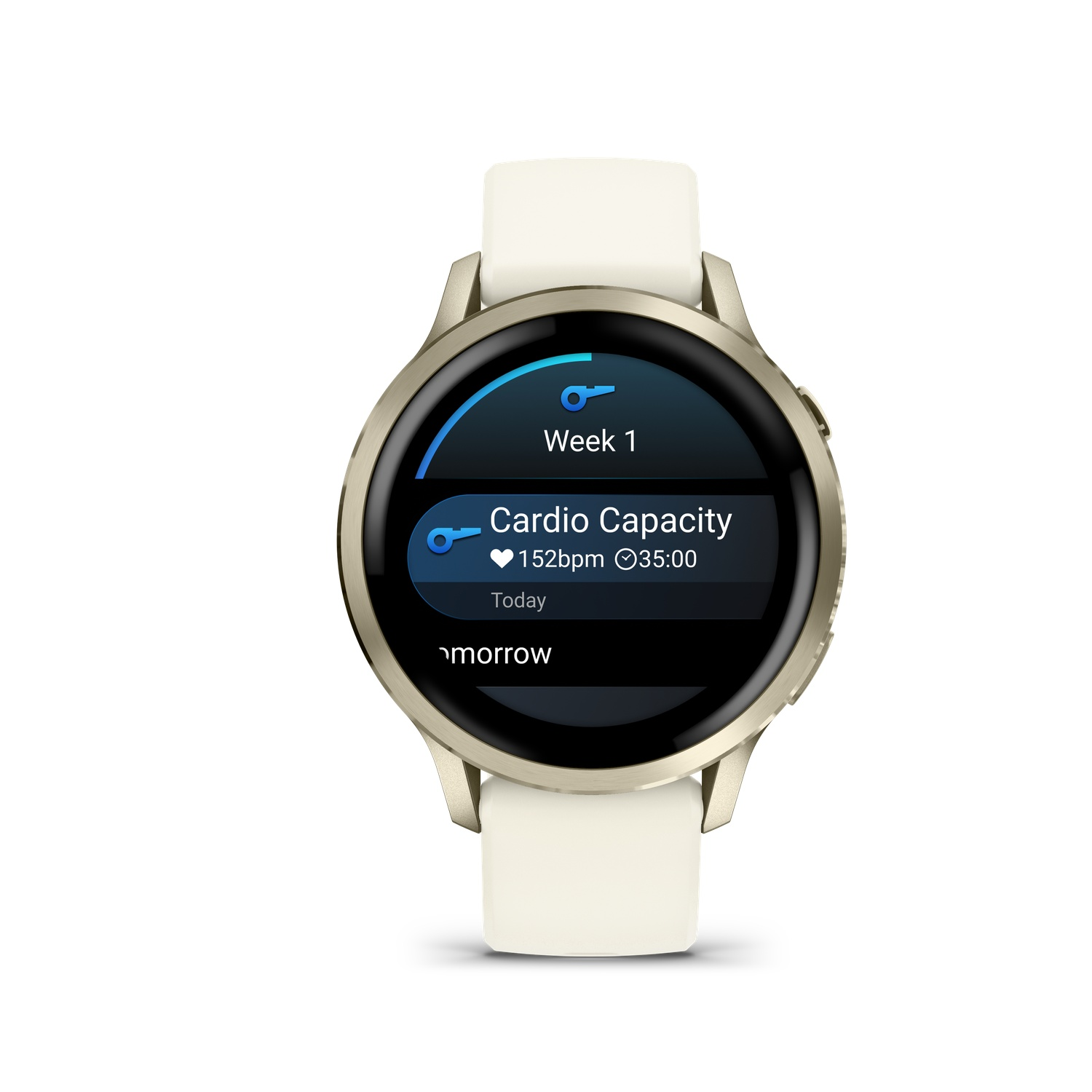A smartwatch with a white strap displaying 'Cardio Capacity' and heart rate, gold case, white background, and black screen.