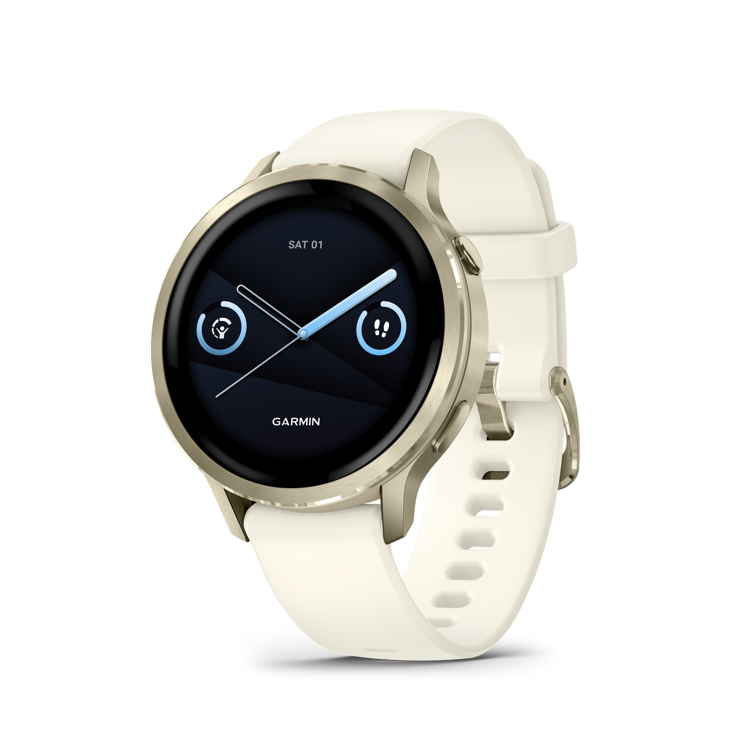 A cream-colored Garmin smartwatch with a round black display showing the date and activity icons. The band is also cream-colored.