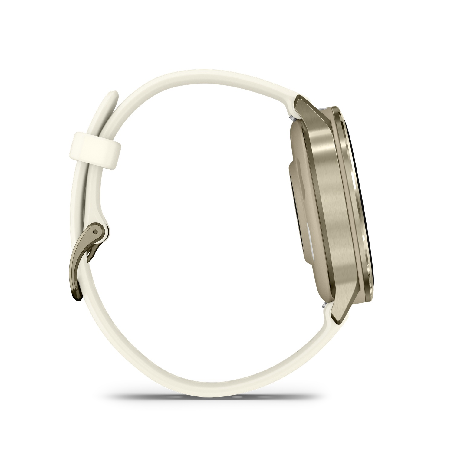 A smartwatch with a cream-colored band and a metallic gold watch face. The watch is seen from the side against a white background.